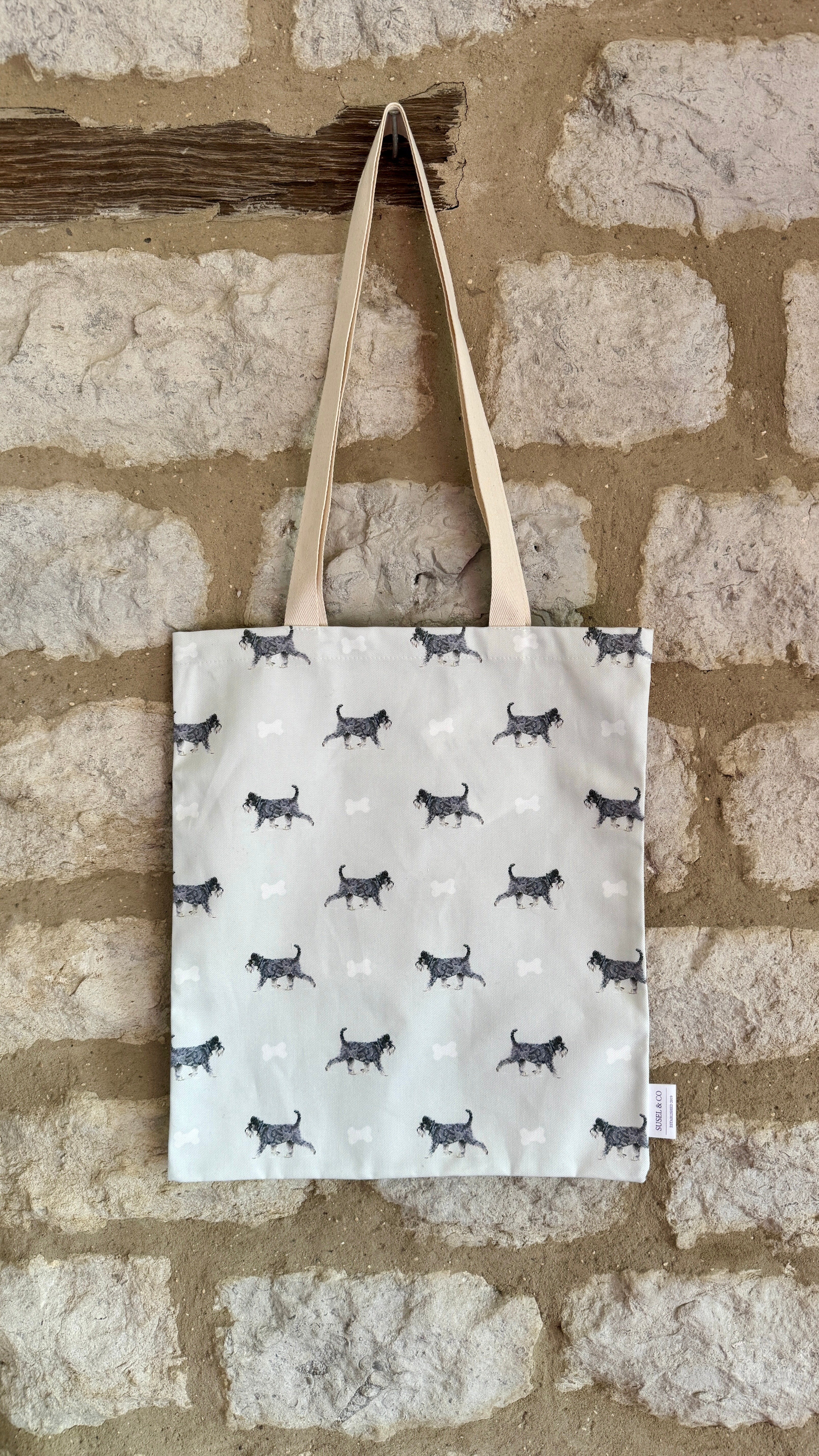 Schnauzer tote bag with unique Susan Brunskill artwork