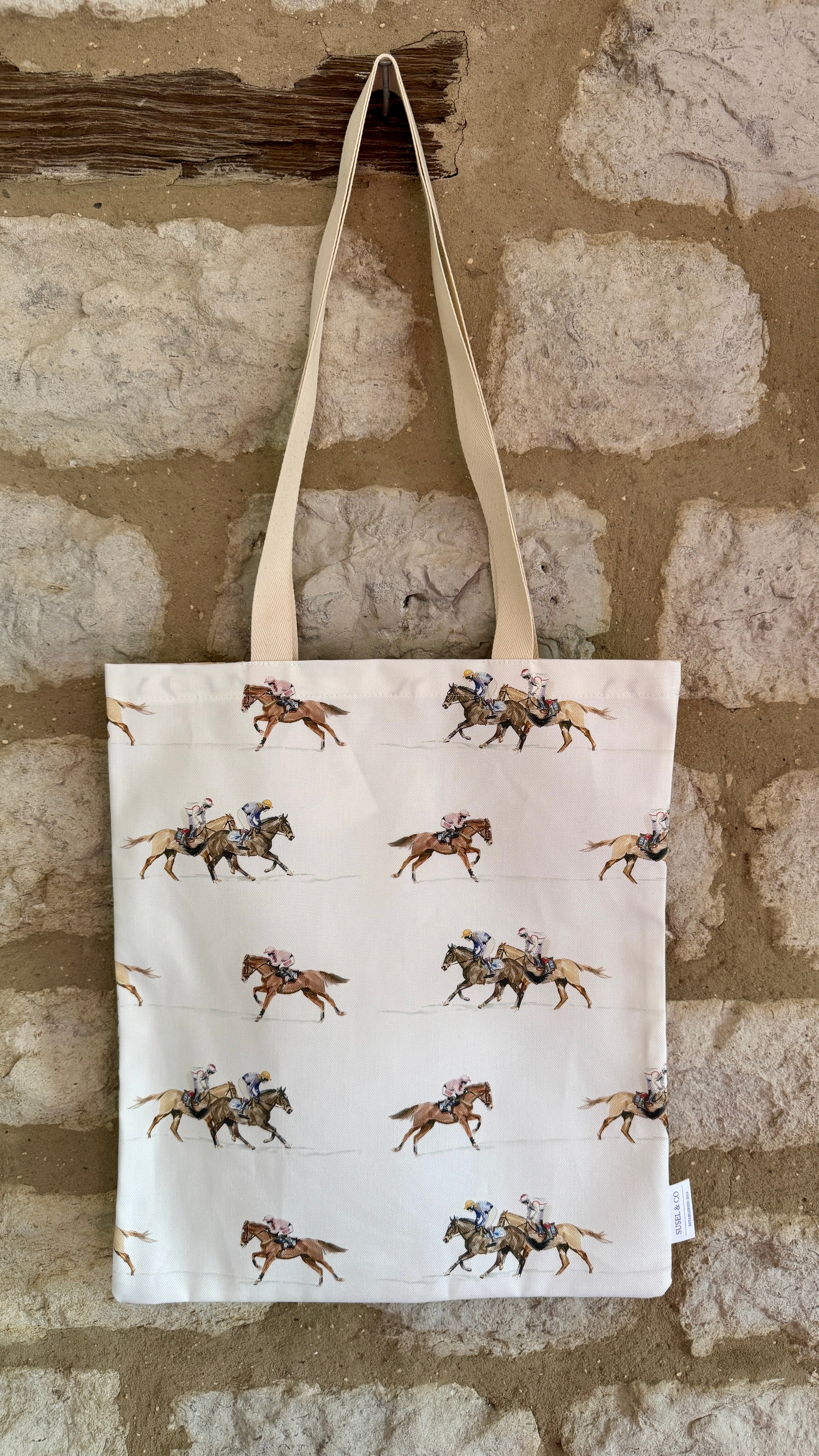 Race Day tote bag with unique Susan Brunskill artwork