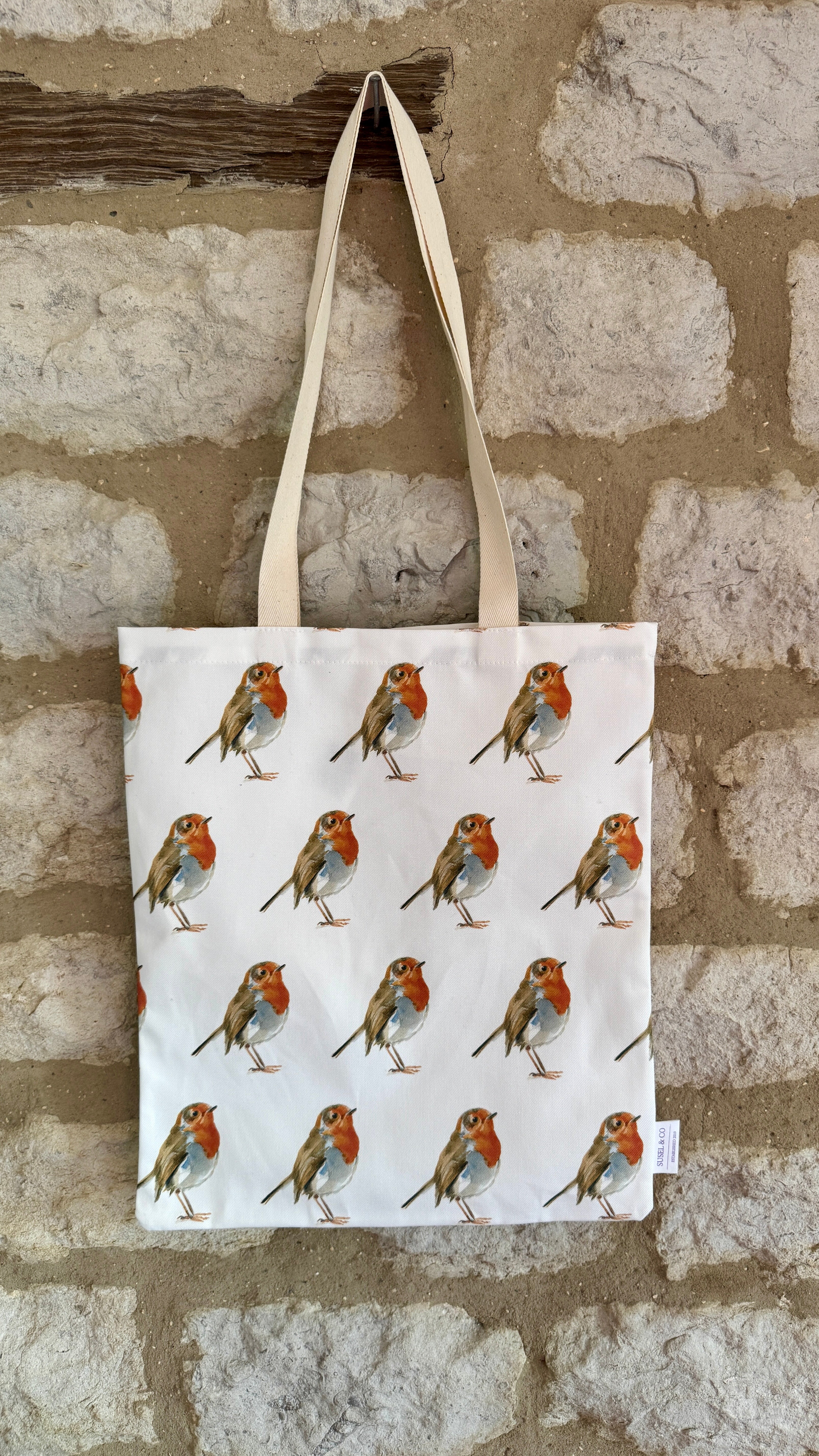 Robin tote bag with unique Susan Brunskill artwork