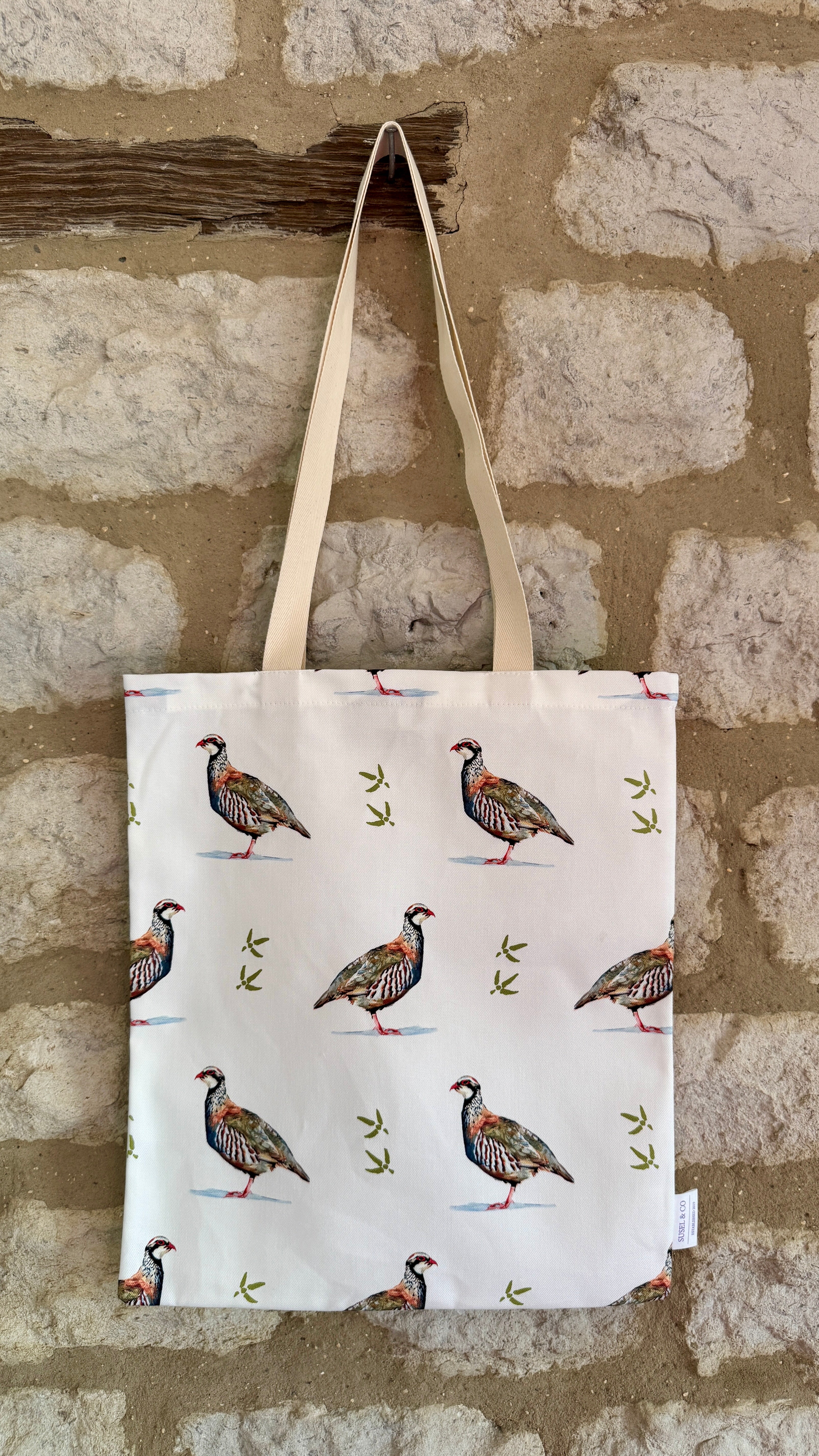 Partridge tote bag with unique Susan Brunskill artwork