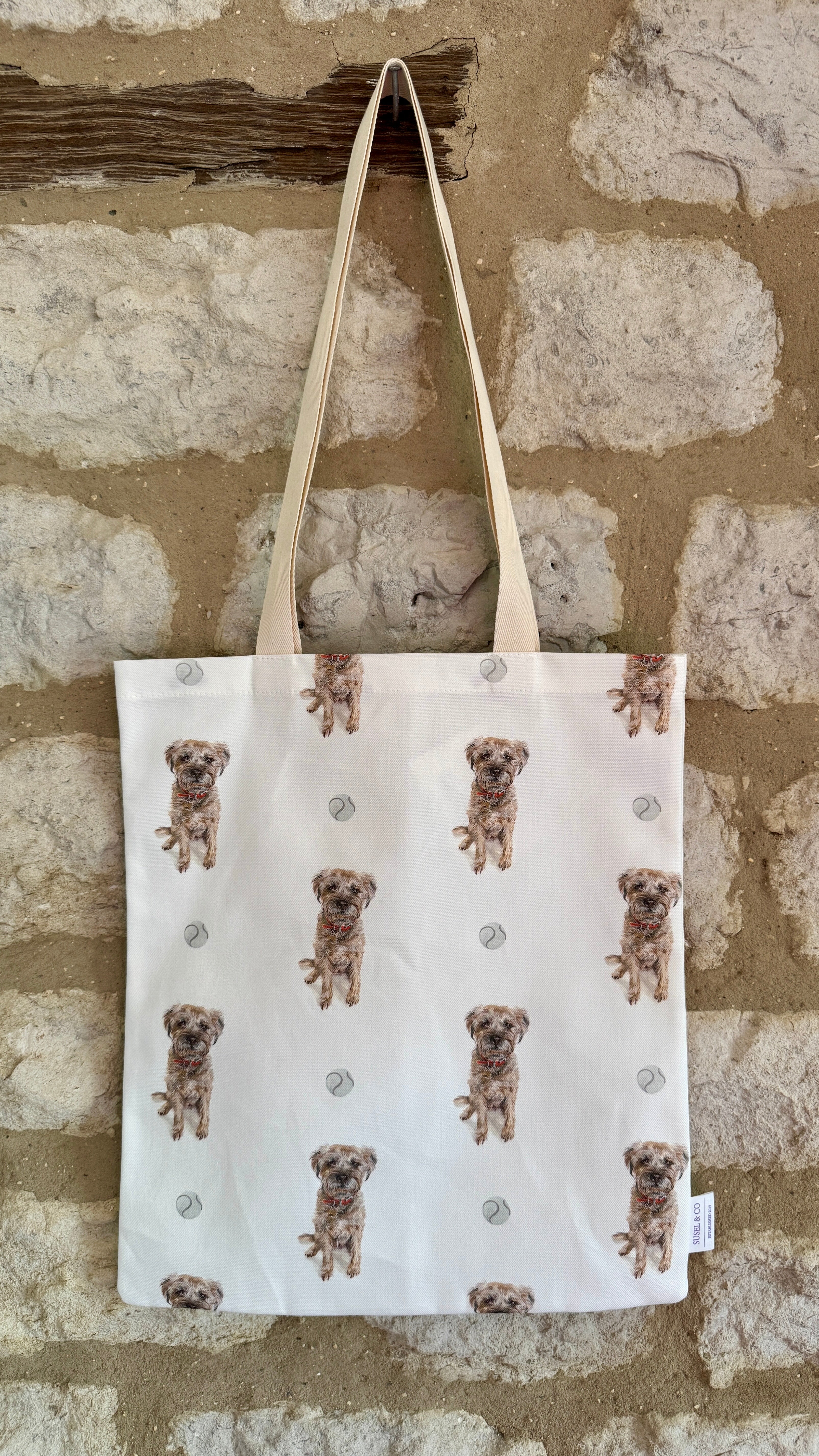 Border Terrier tote bag with unique Susan Brunskill artwork