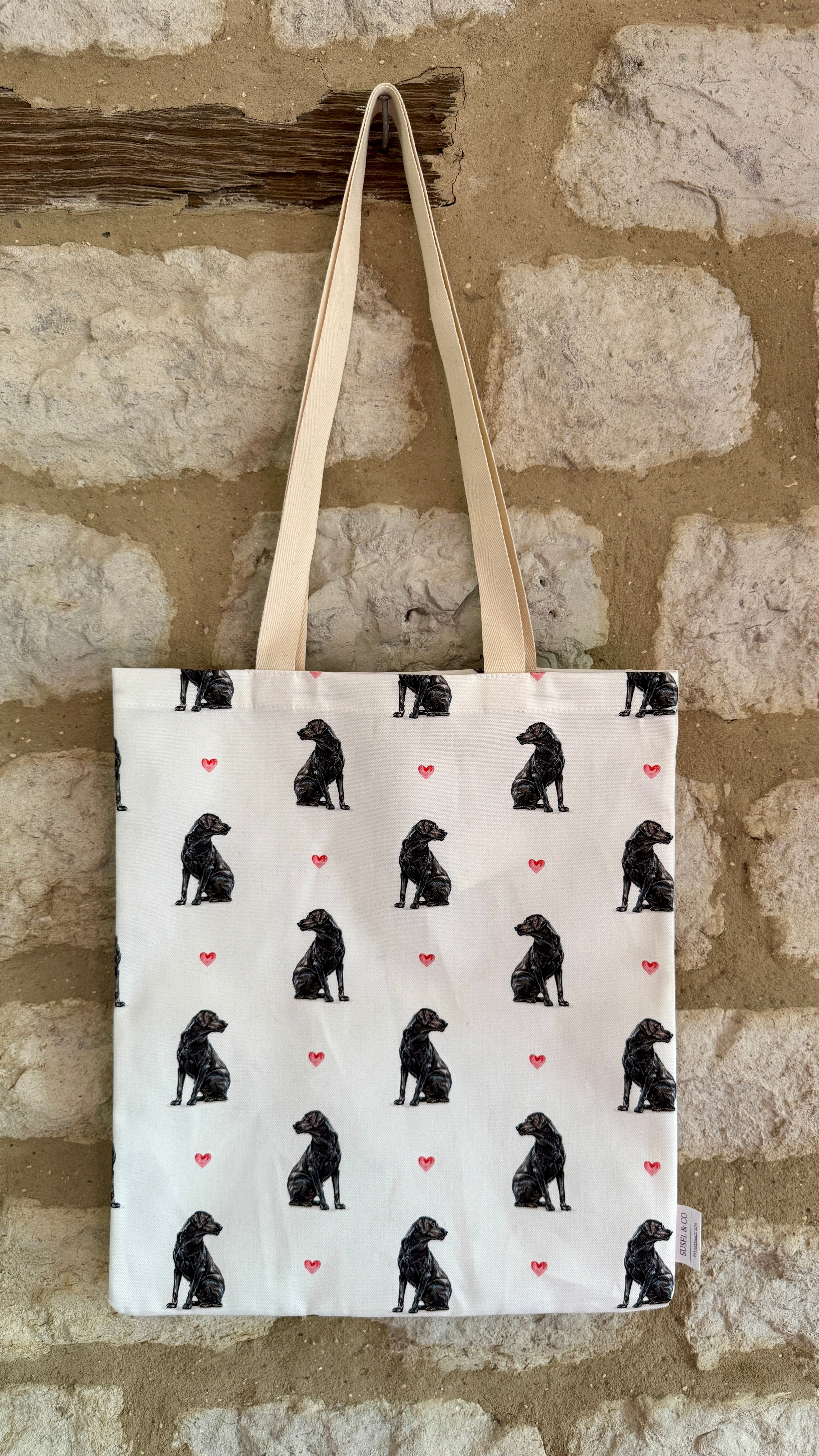 Black Lab tote bag with unique Susan Brunskill artwork