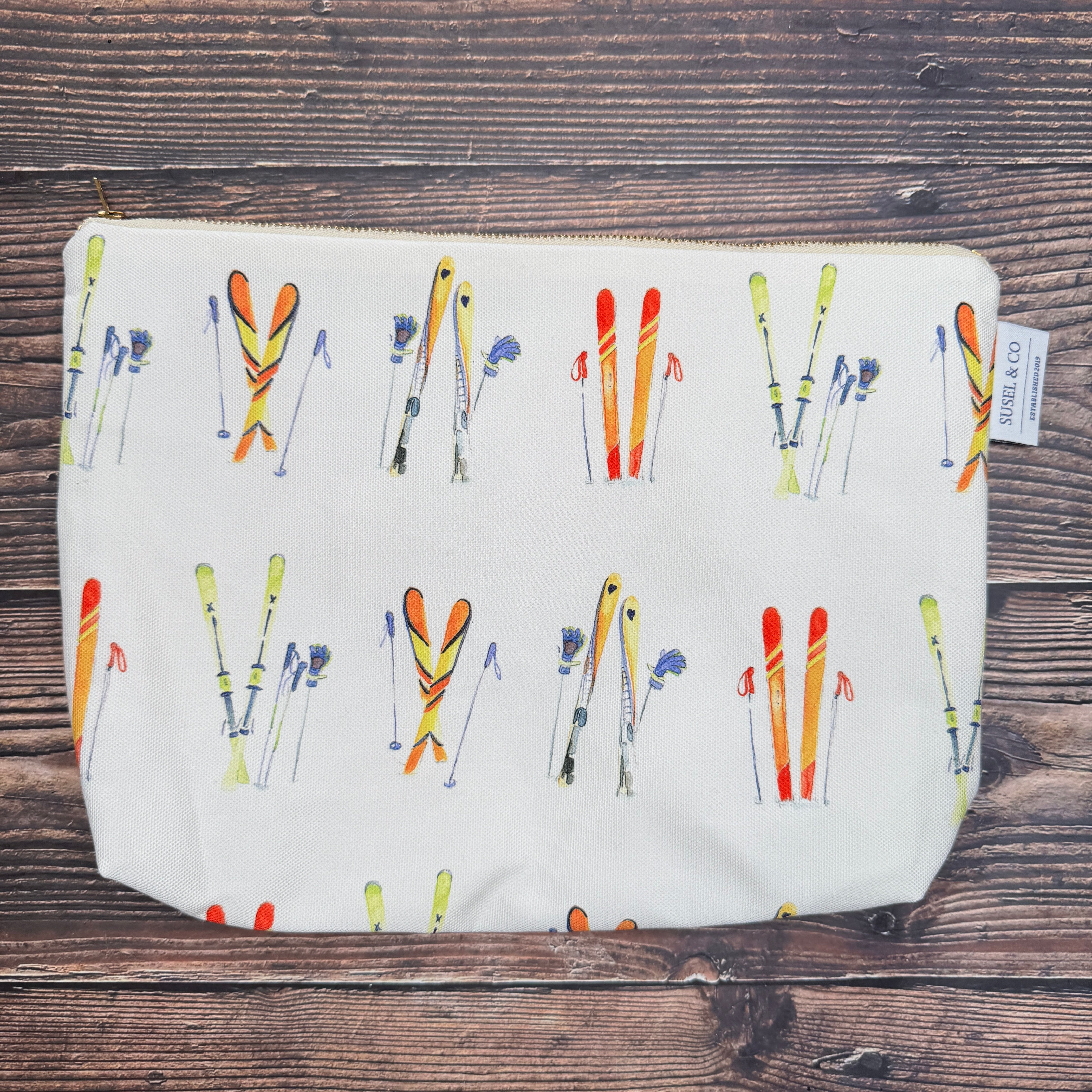 Ski Season wash bag – illustrated by Susan Brunskill, handmade in the UK