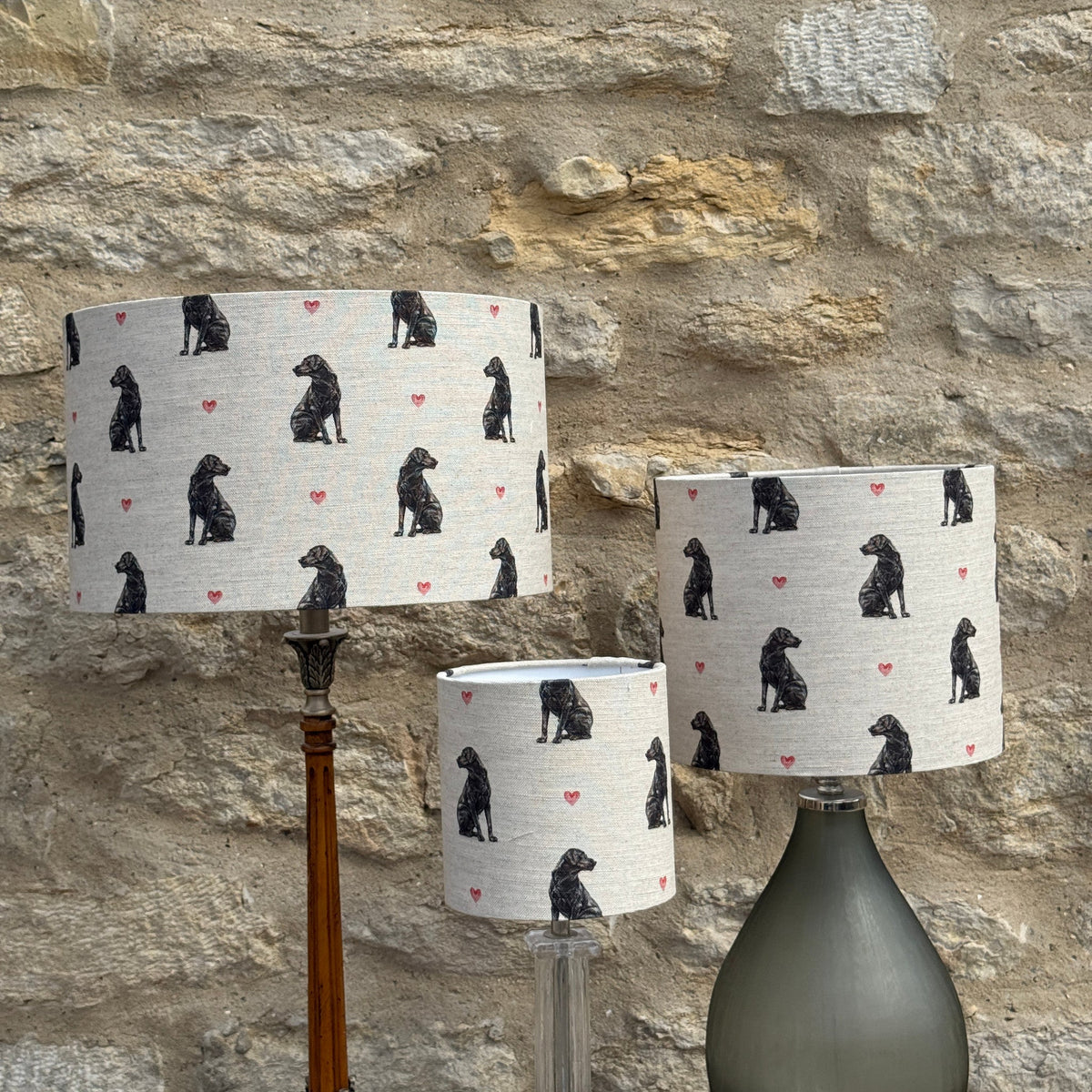 Black Lab lampshade in all three sizes, designed by Susan Brunskill, handmade in the UK