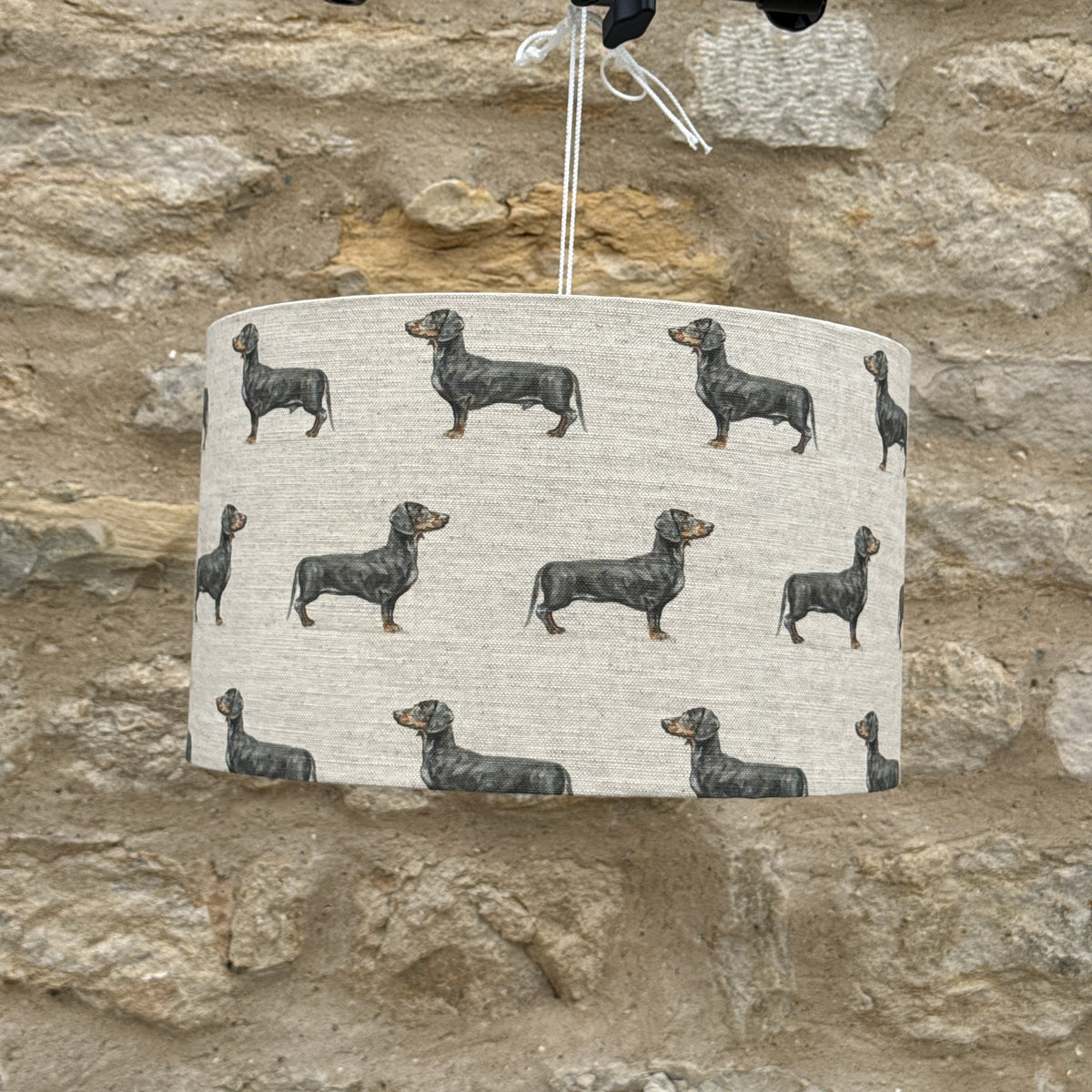 Dachshund lampshade as a ceiling pendant, designed by Susan Brunskill, handmade in the UK