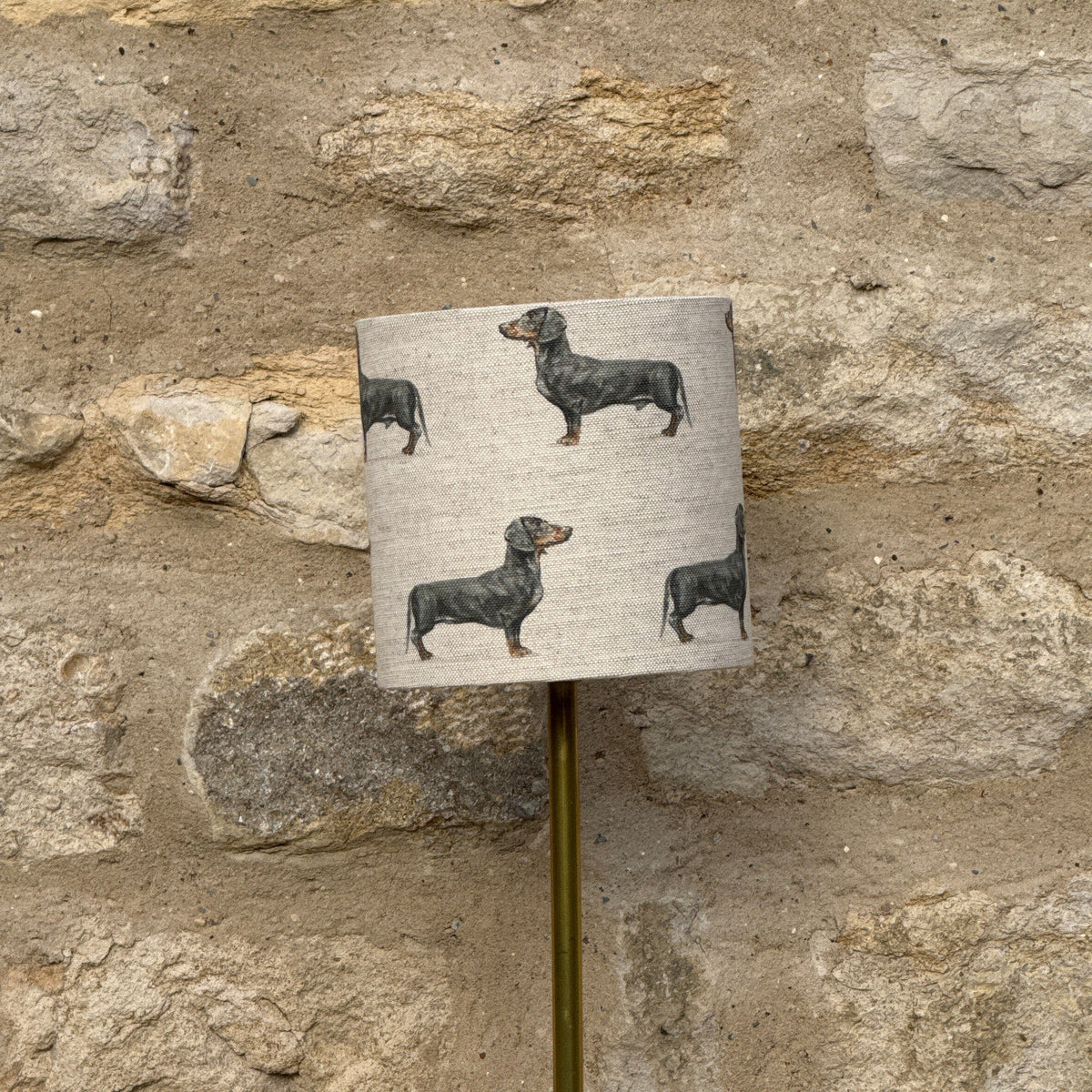 Dachshund lampshade on a table lamp, designed by Susan Brunskill, handmade in the UK