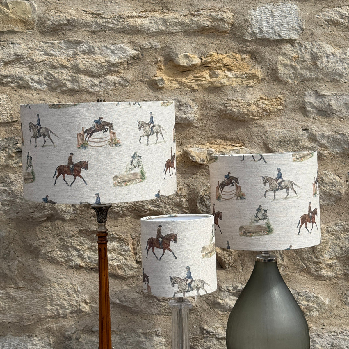 Eventing lampshade in all three sizes, designed by Susan Brunskill, handmade in the UK