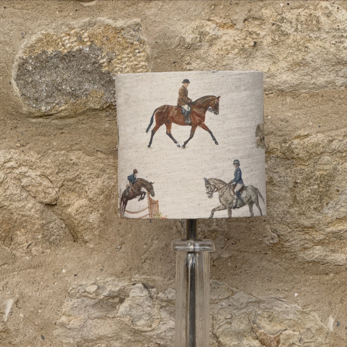 Eventing lampshade on a table lamp, designed by Susan Brunskill, handmade in the UK