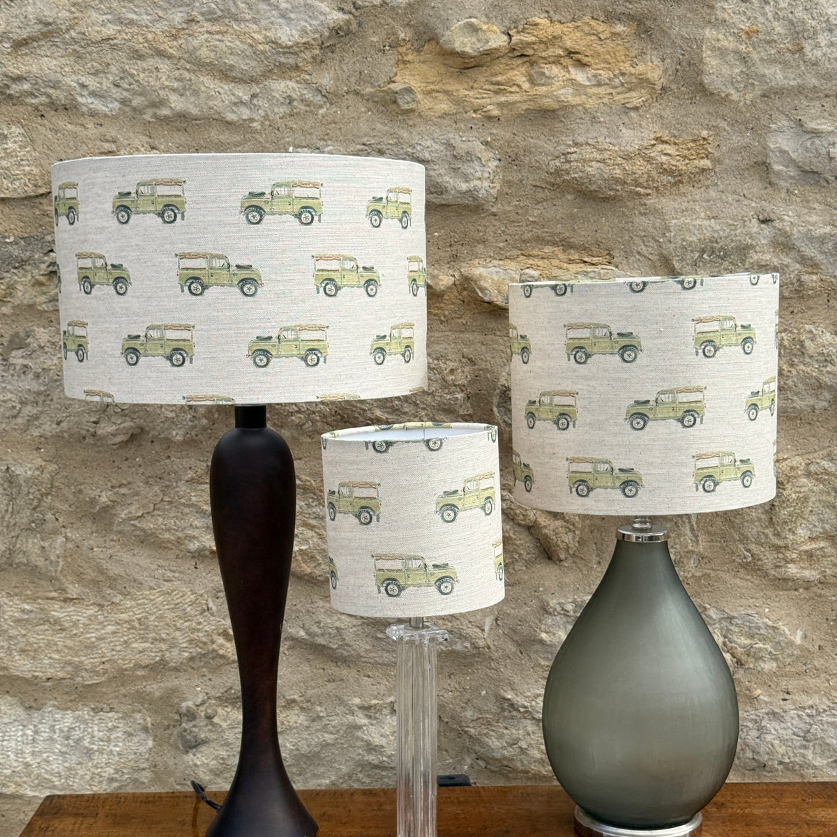 Defender lampshade in all three sizes, designed by Susan Brunskill, handmade in the UK