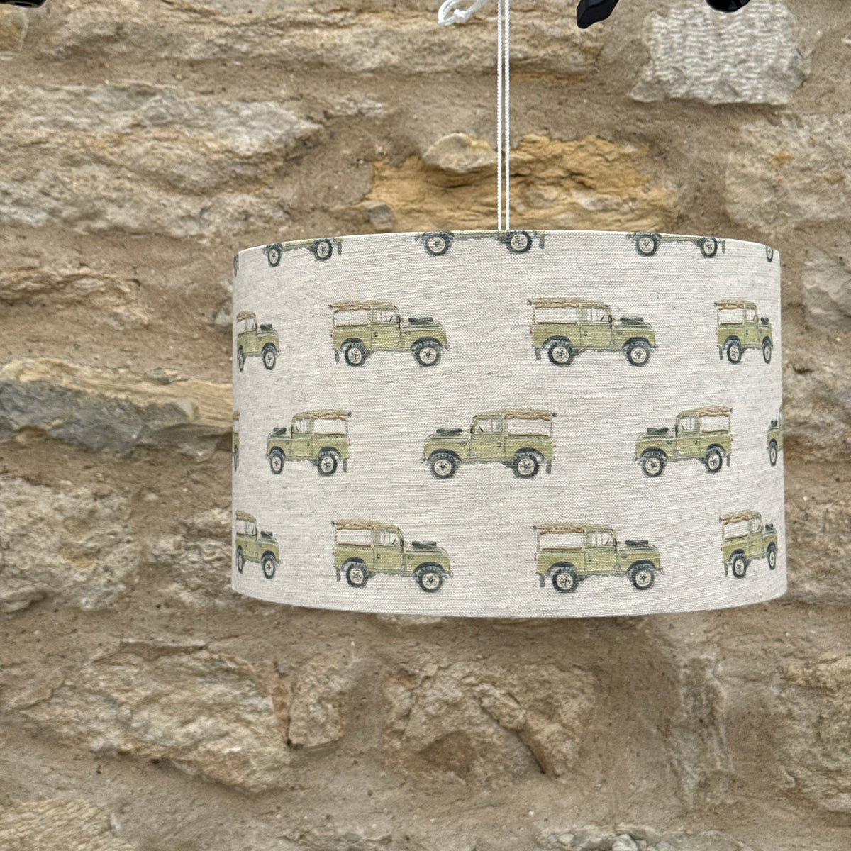 Defender lampshade as a ceiling pendant, designed by Susan Brunskill, handmade in the UK