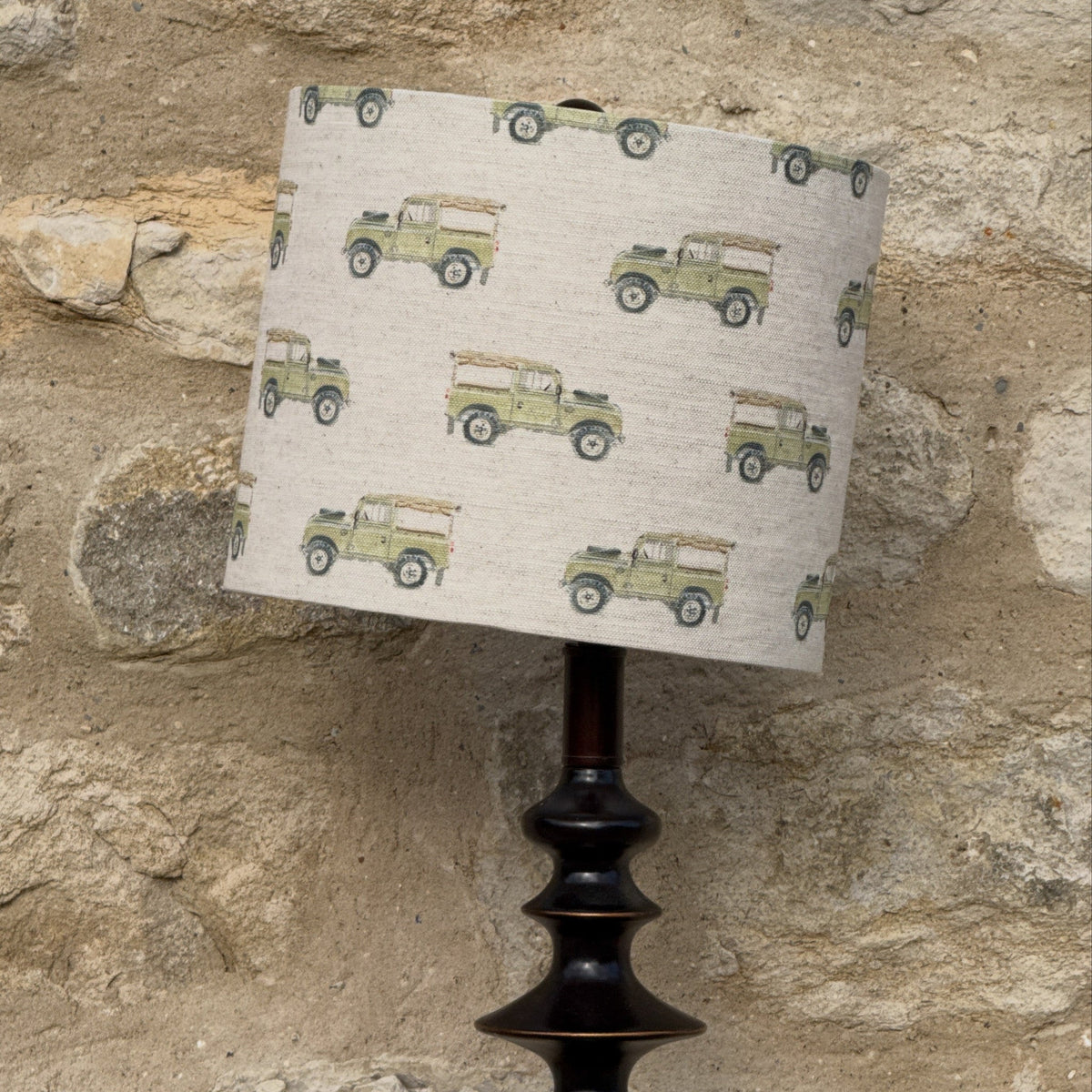 Defender lampshade on a table lamp, designed by Susan Brunskill, handmade in the UK