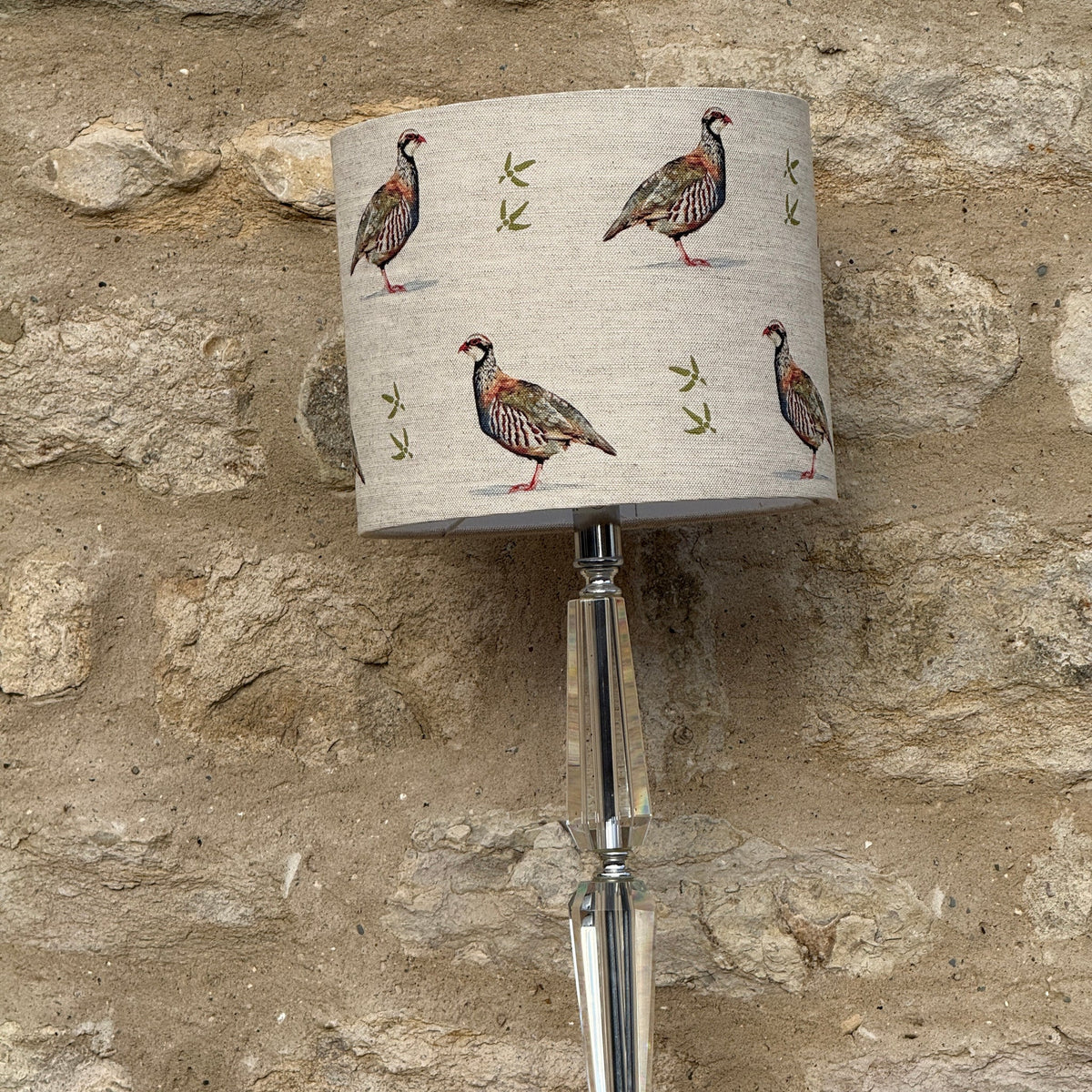 Partridge lampshade on a table lamp, designed by Susan Brunskill, handmade in the UK
