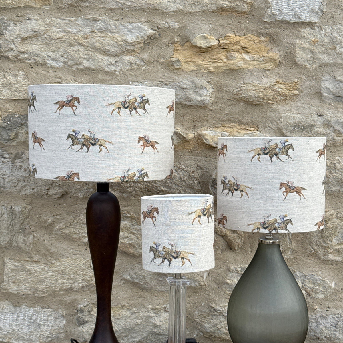 Race Day lampshade in all three sizes, designed by Susan Brunskill, handmade in the UK