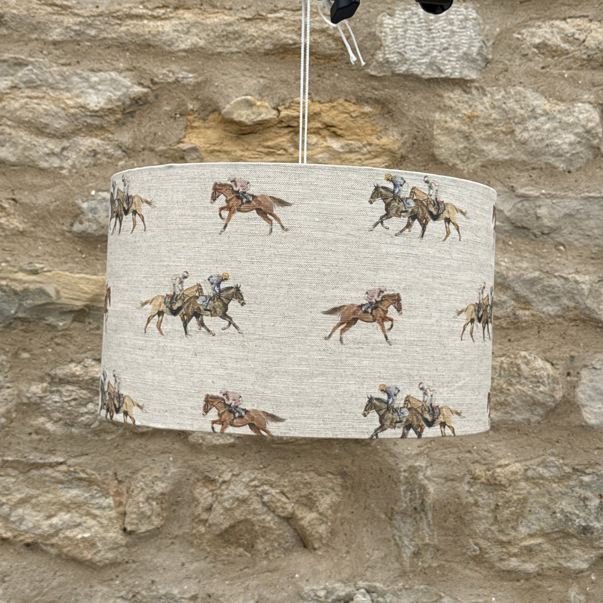 Race Day lampshade as a ceiling pendant, designed by Susan Brunskill, handmade in the UK