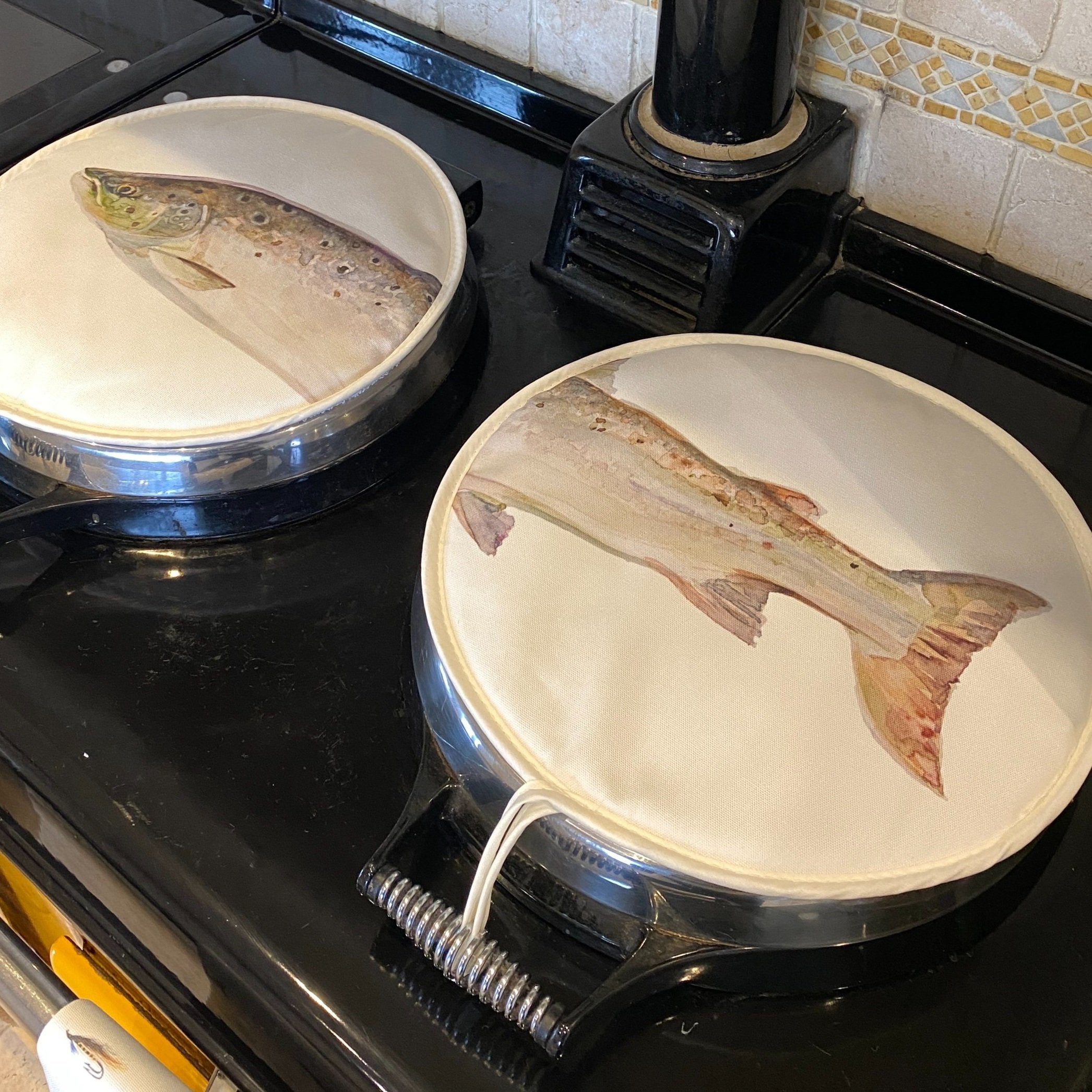 Pair of Atlantic Salmon patterned hob covers for Aga range cookers