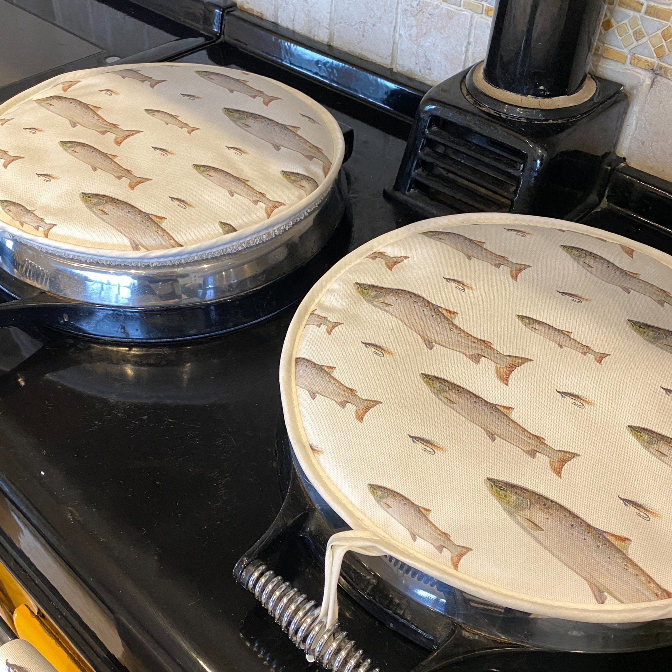 Pair of Atlantic Salmon Pattern patterned hob covers for Aga range cookers