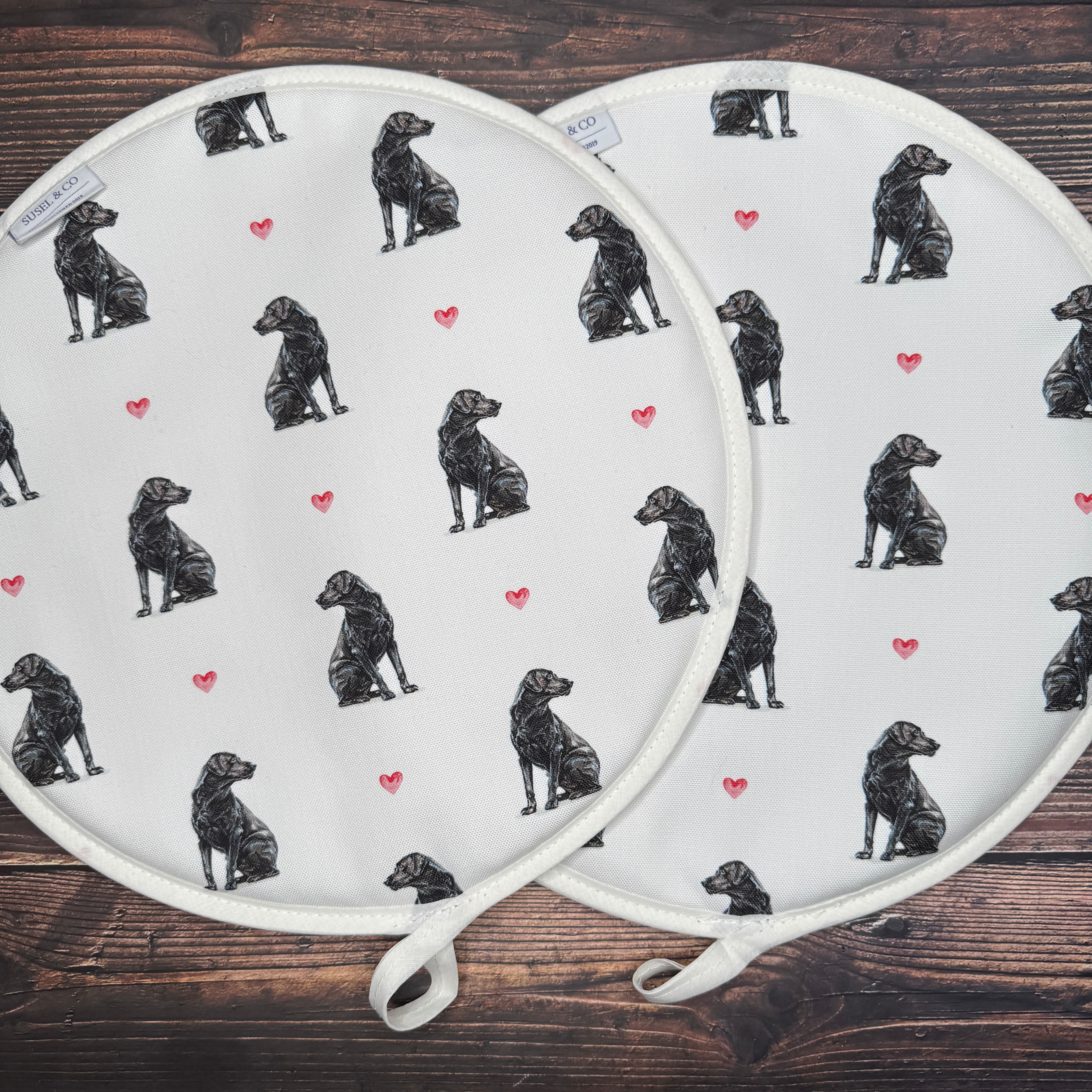 Pair of Black Lab patterned hob covers for Aga range cookers