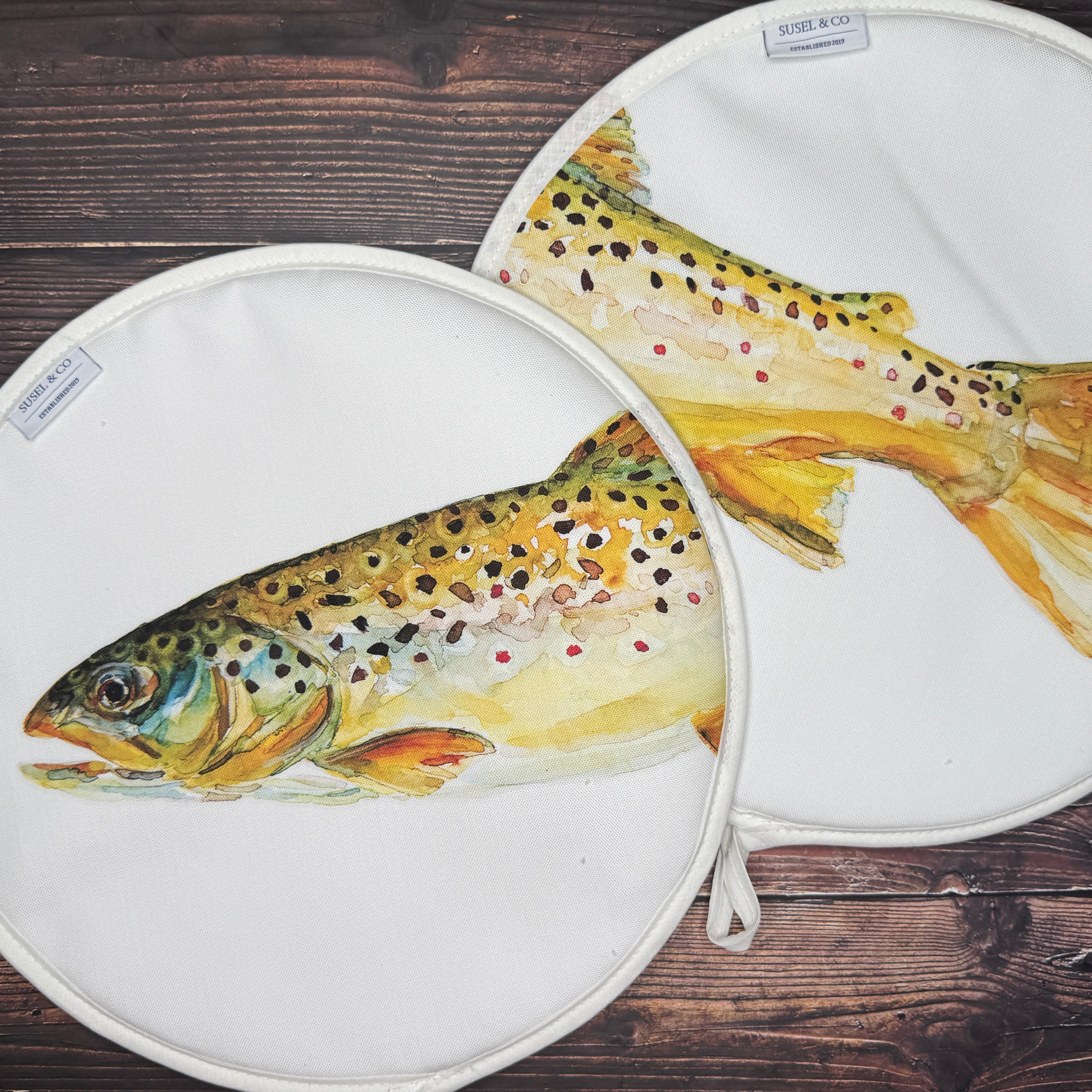 Pair of Brown Trout patterned hob covers for Aga range cookers
