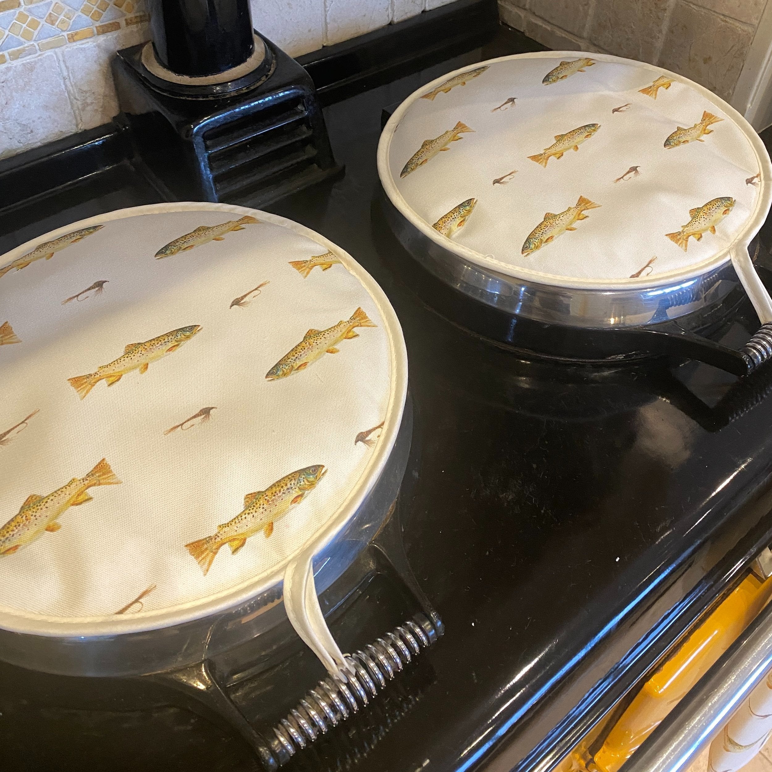Pair of Brown Trout Pattern patterned hob covers for Aga range cookers