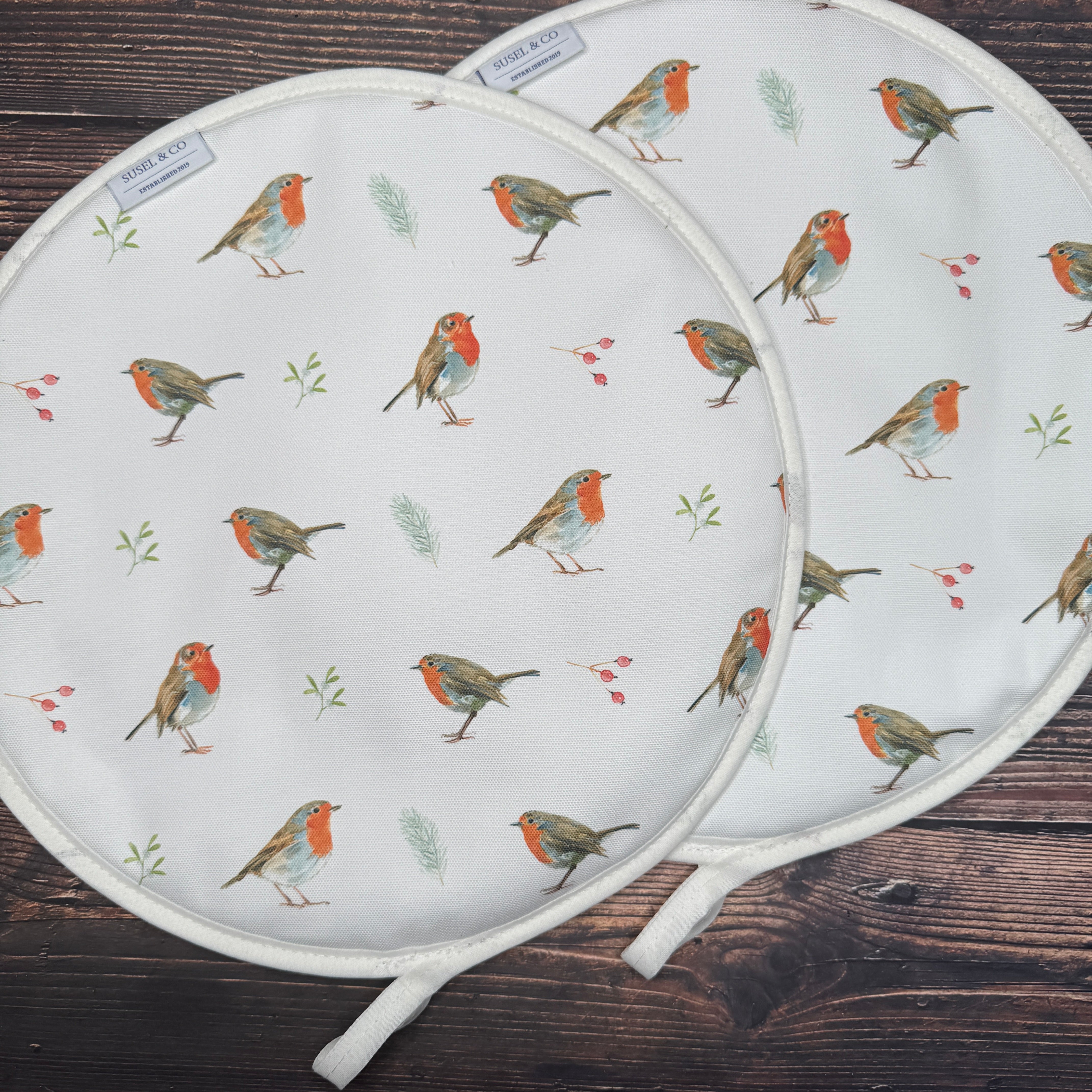 Pair of Festive Robins patterned hob covers for Aga range cookers