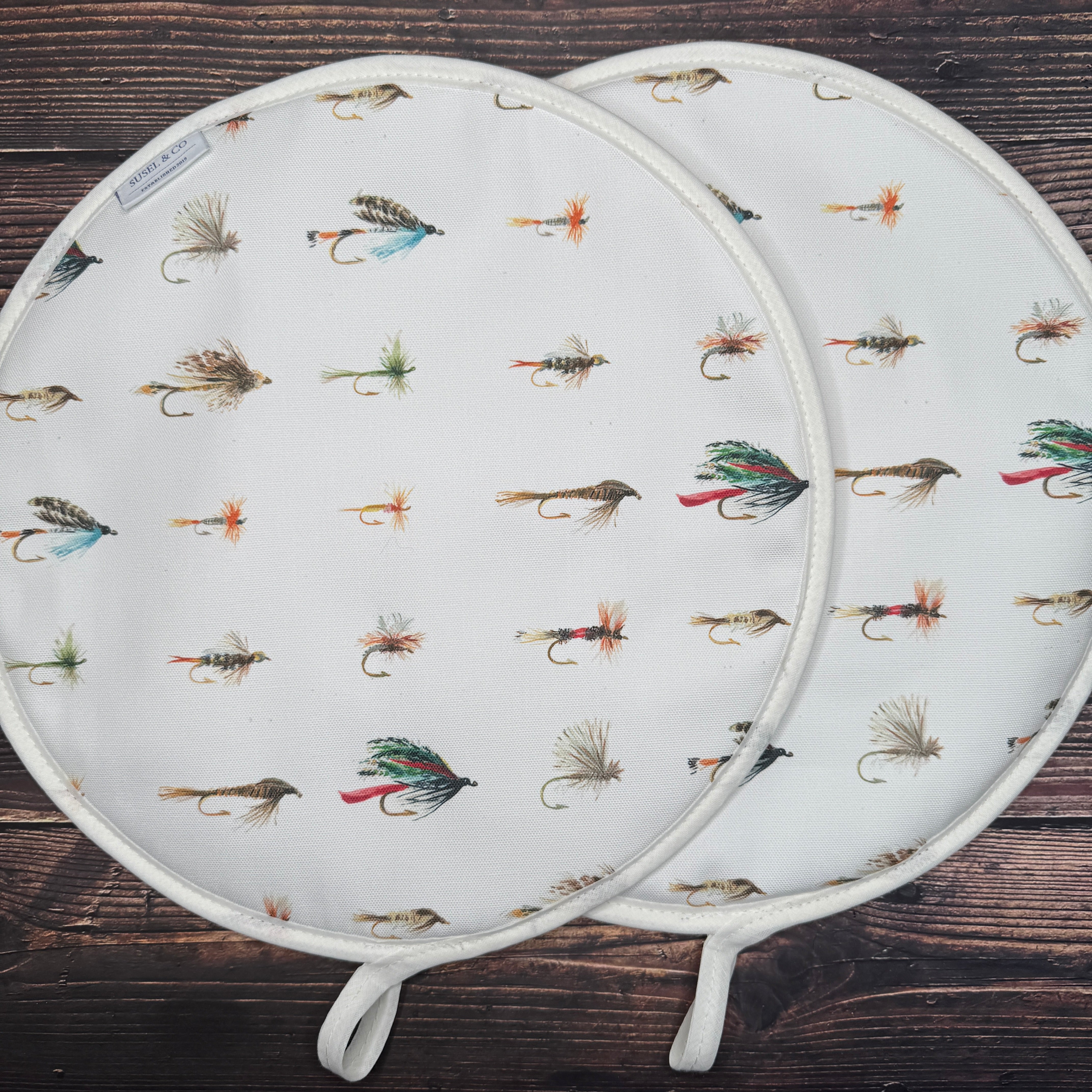 Pair of Fishing Flies patterned hob covers for Aga range cookers