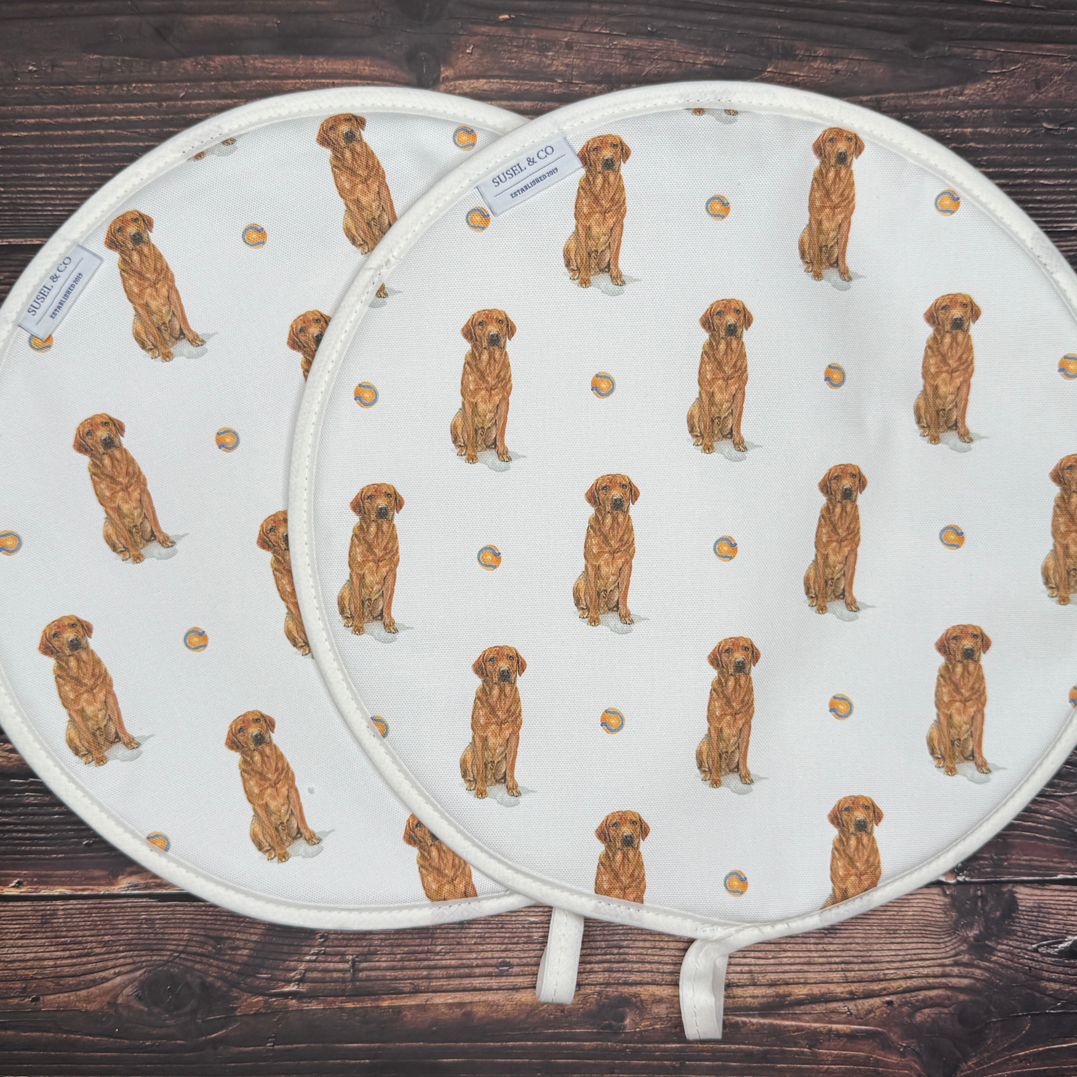 Pair of Fox Red Lab patterned hob covers for Aga range cookers