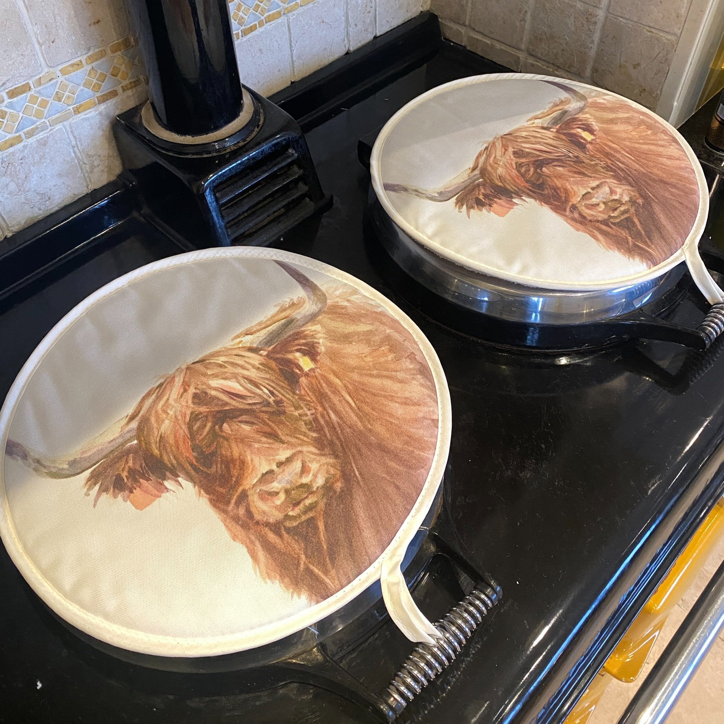 Pair of Highland Cow patterned hob covers for Aga range cookers