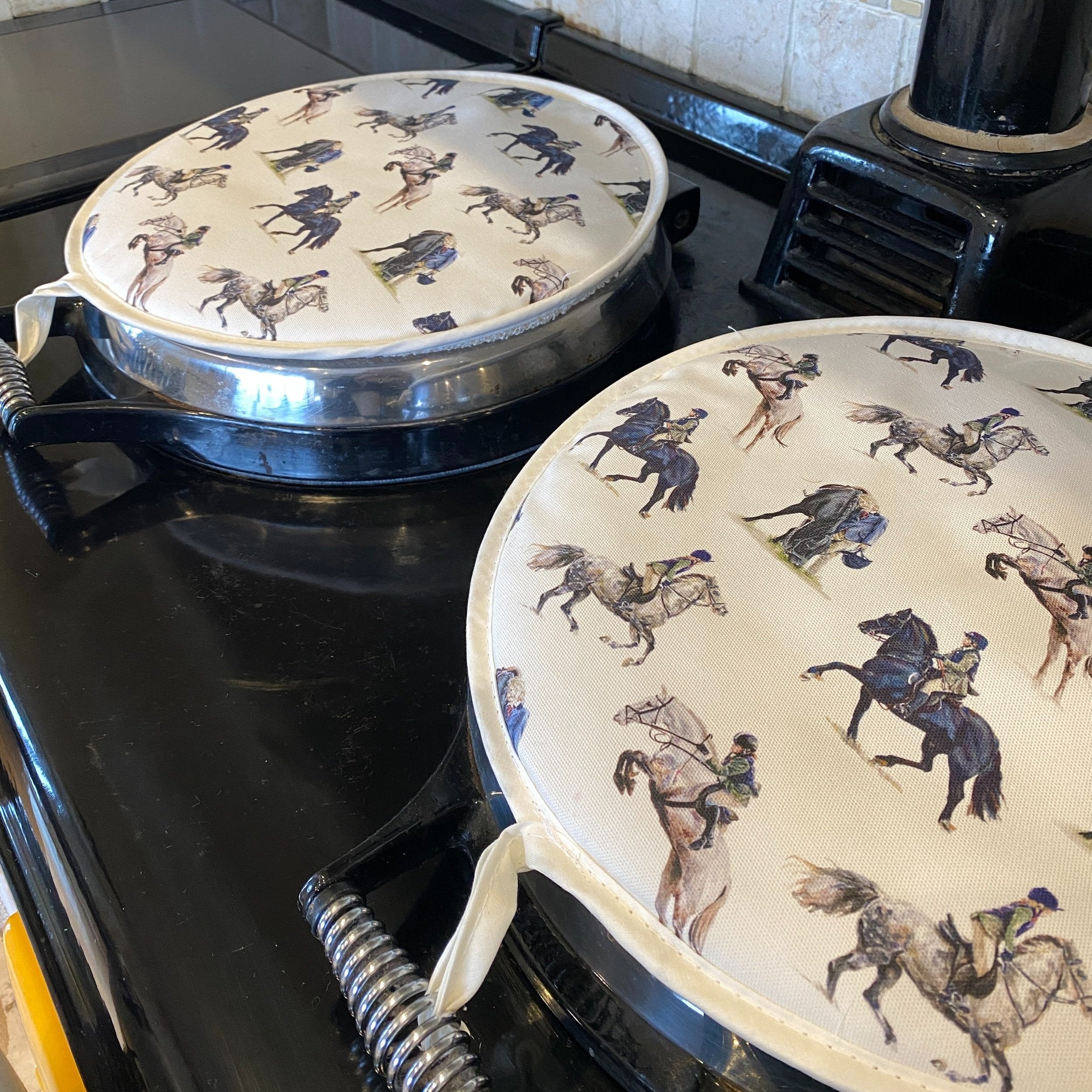 Pair of Pony Club patterned hob covers for Aga range cookers