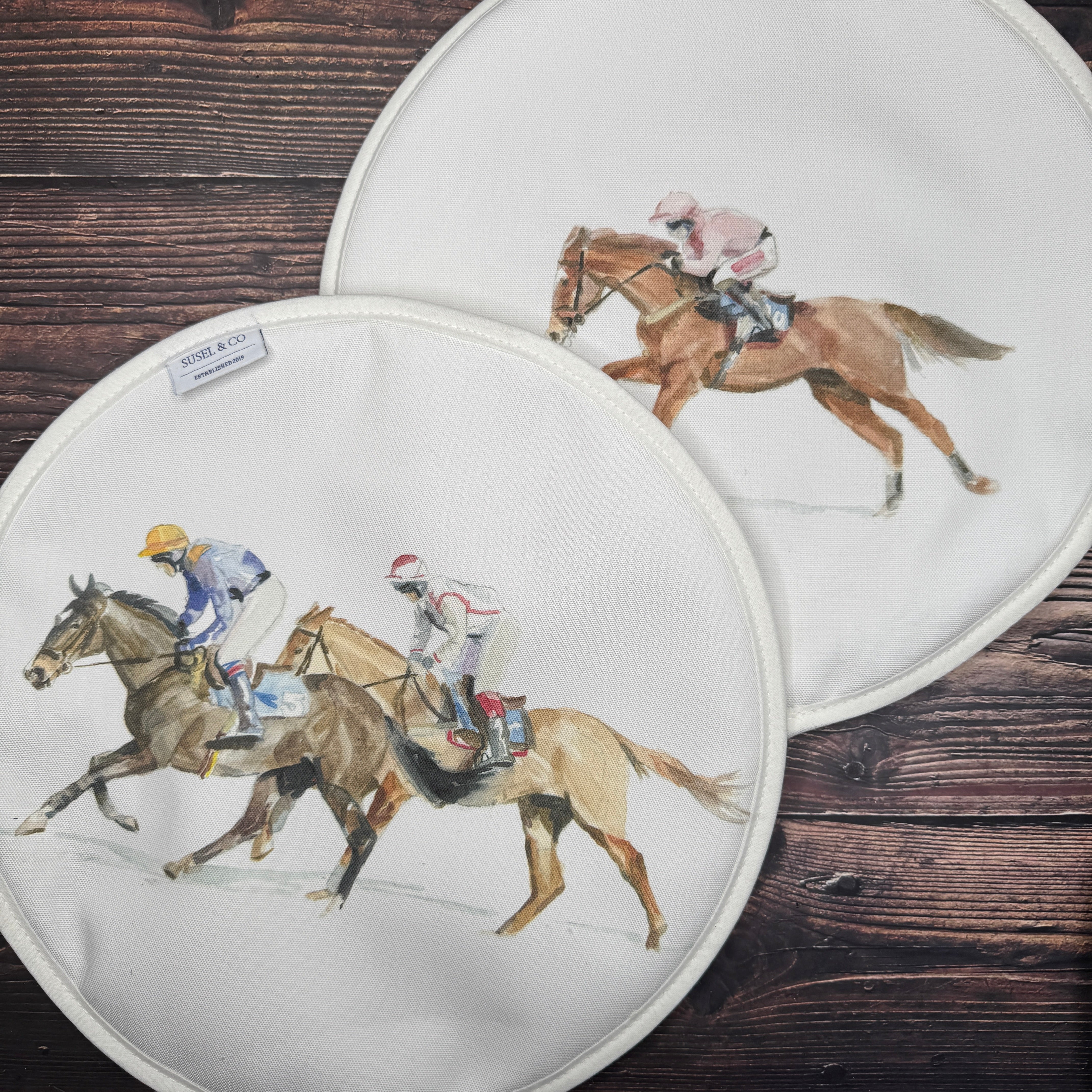 Pair of Race Day patterned hob covers for Aga range cookers