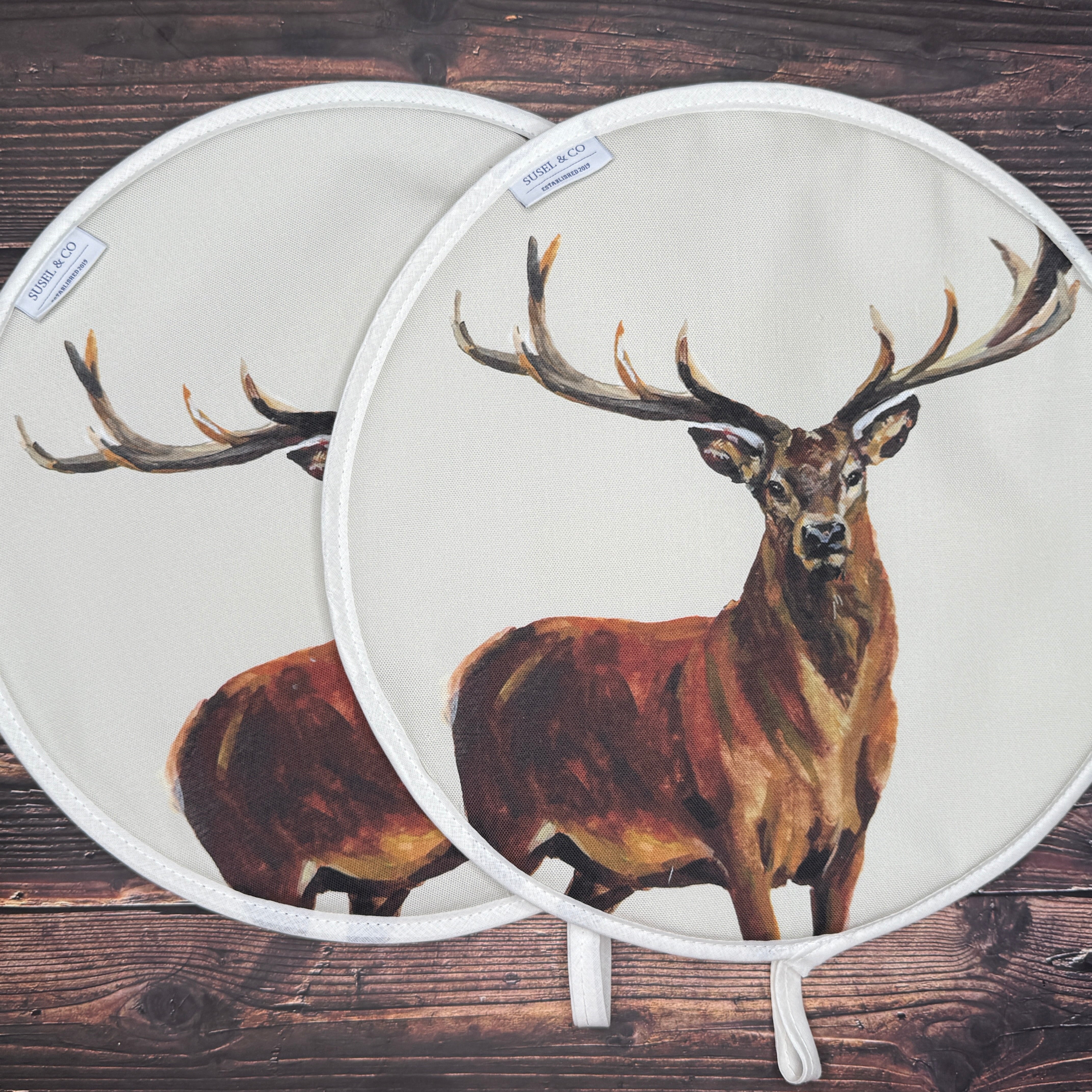 Pair of Red Deer patterned hob covers for Aga range cookers