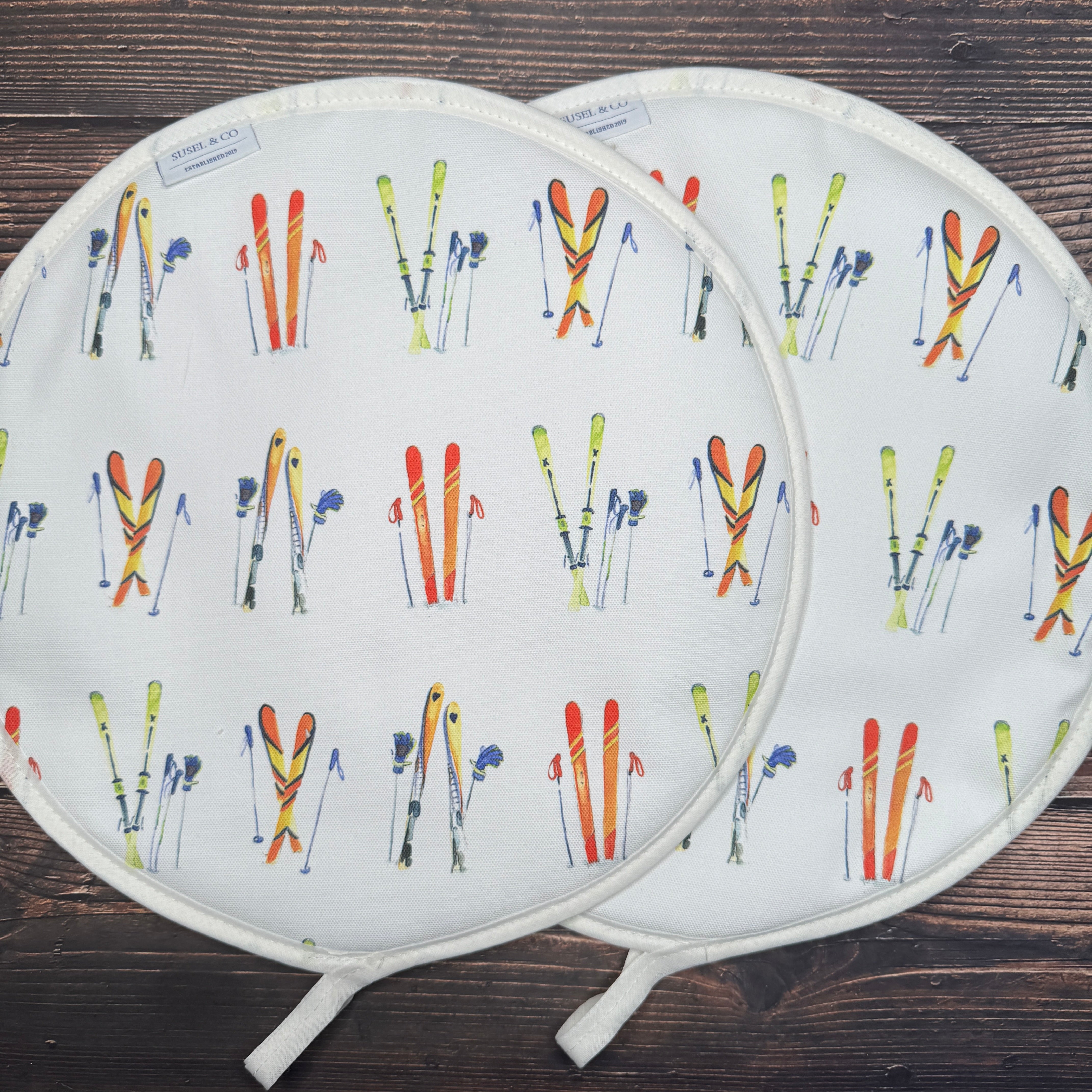 Pair of Ski Season patterned hob covers for Aga range cookers
