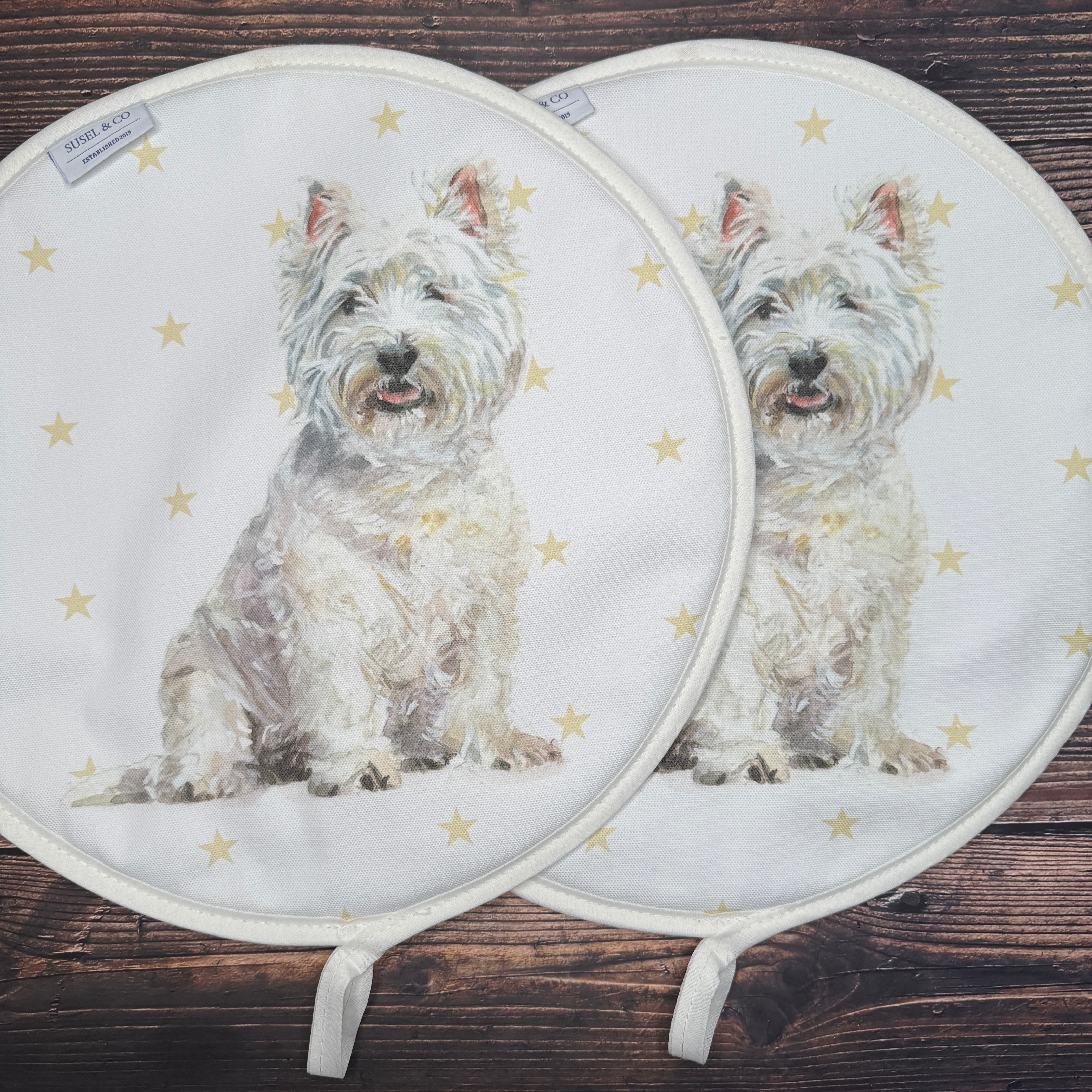 Pair of West Highland Terrier patterned hob covers for Aga range cookers
