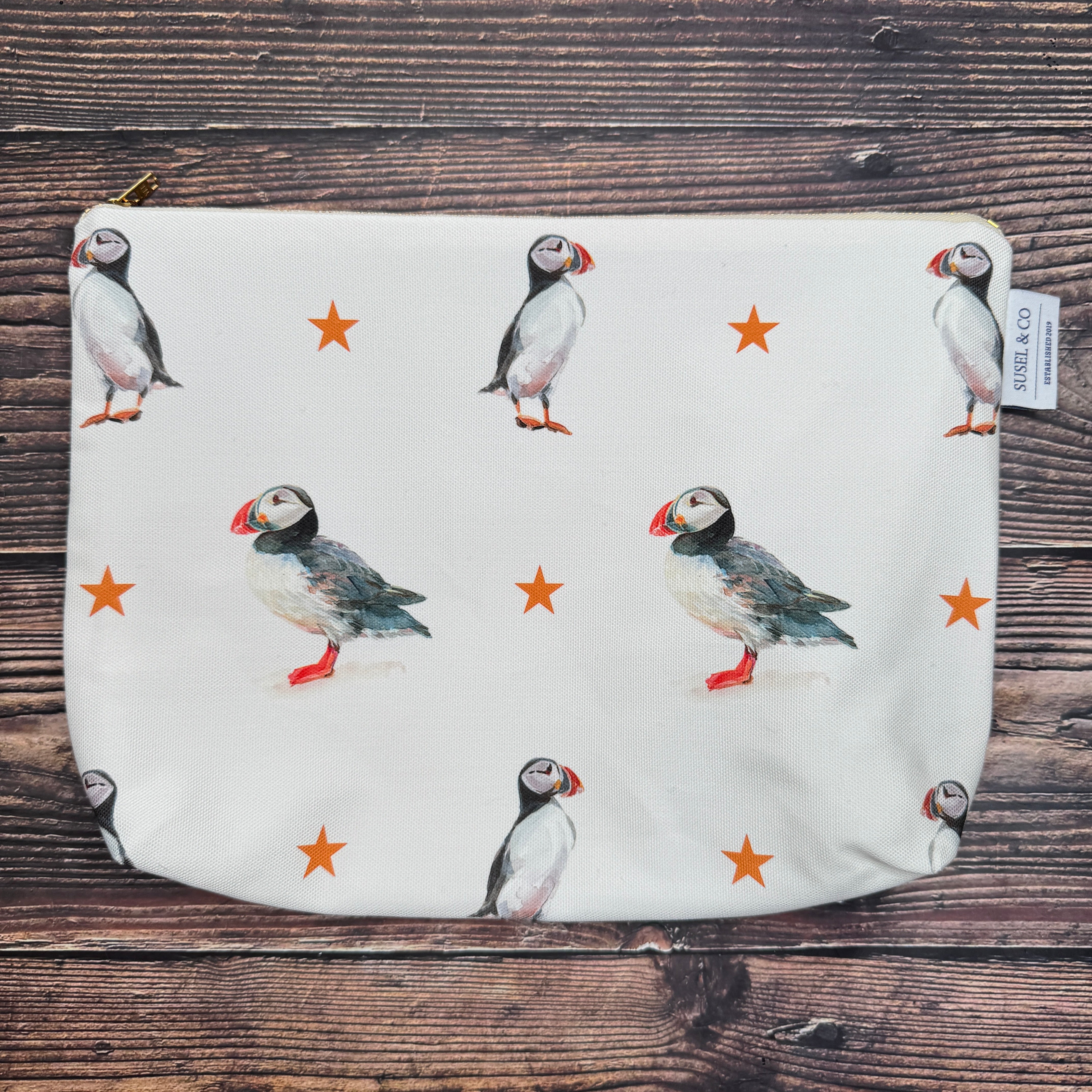 Puffins wash bag – illustrated by Susan Brunskill, handmade in the UK