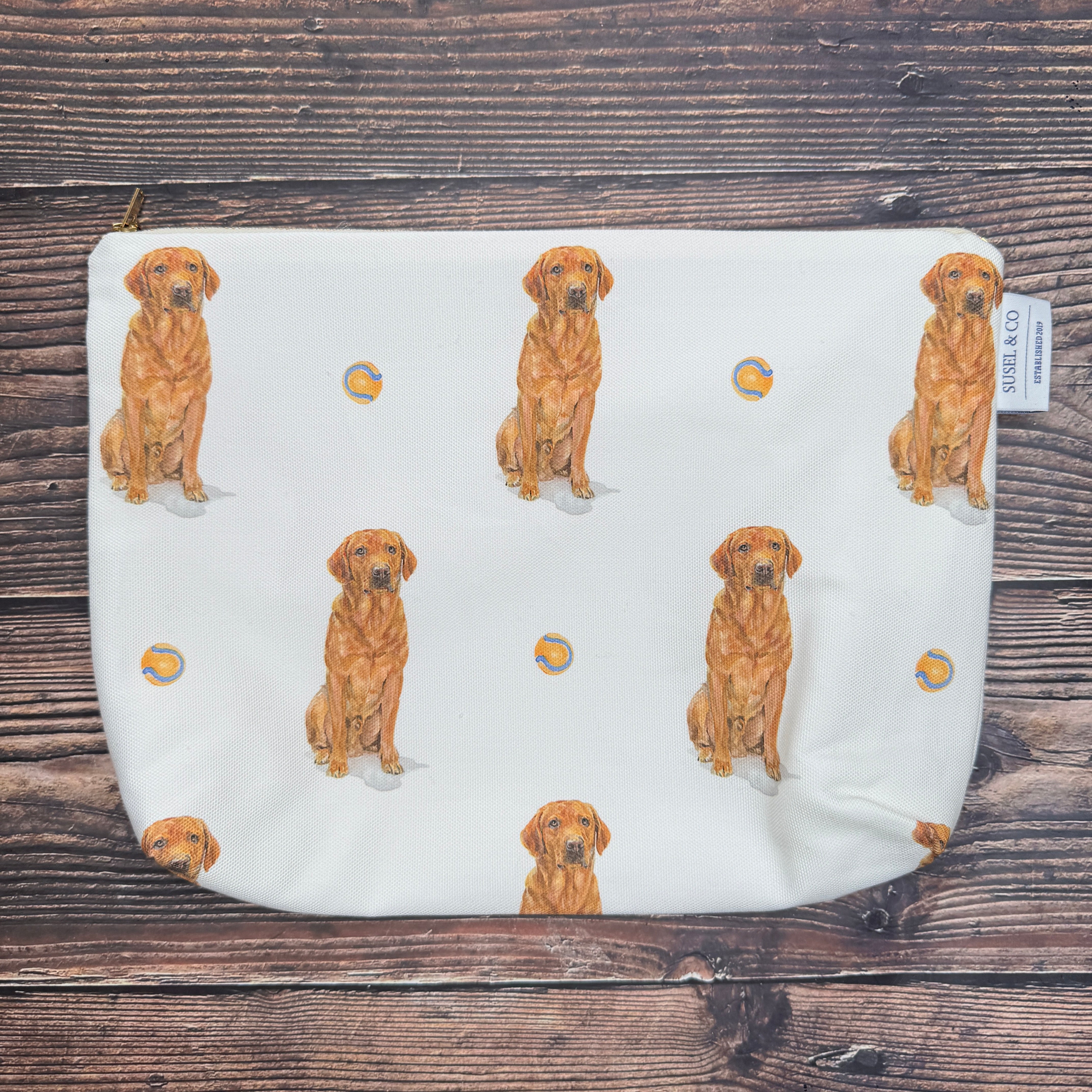 Fox Red Lab wash bag – illustrated by Susan Brunskill, handmade in the UK