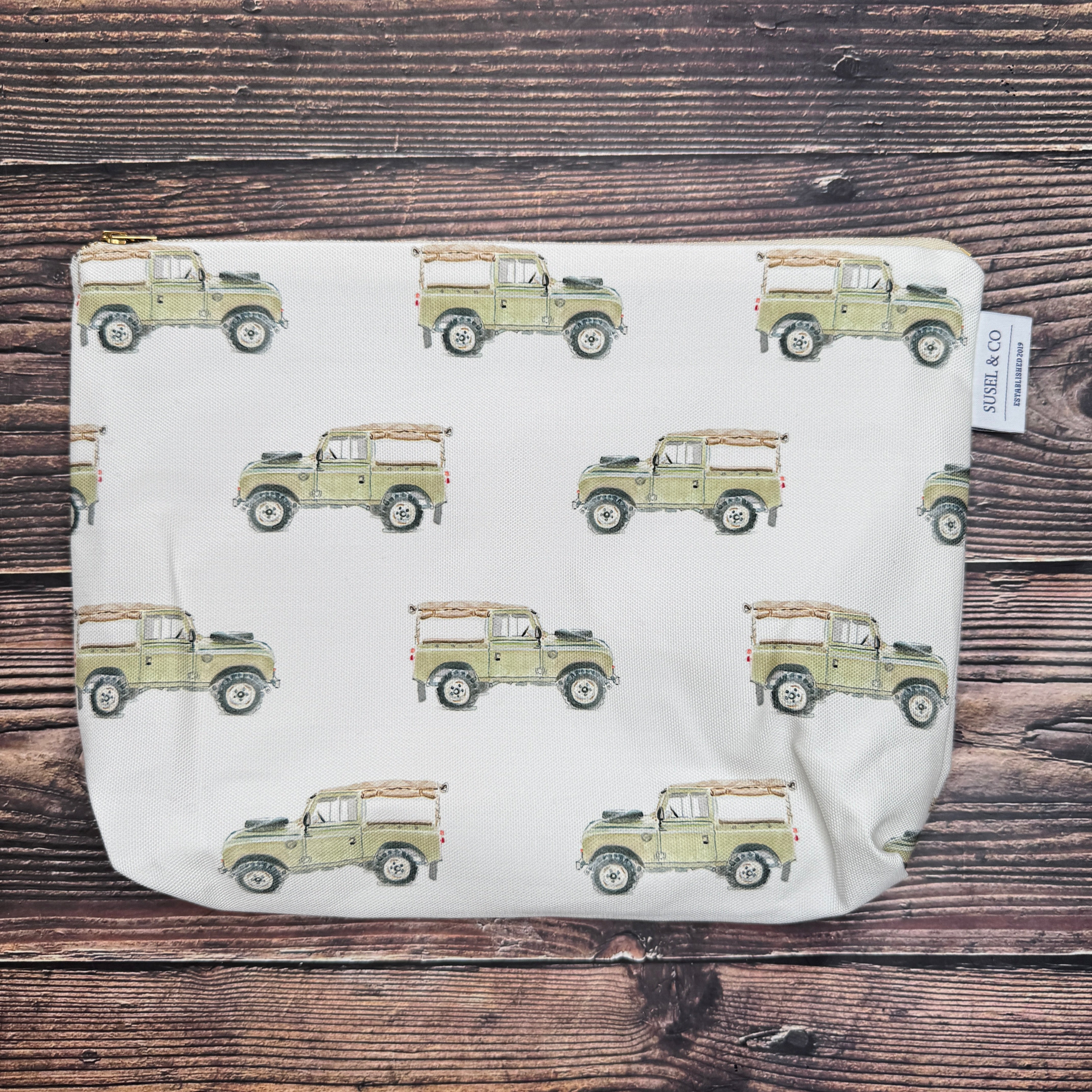 Defender wash bag – illustrated by Susan Brunskill, handmade in the UK