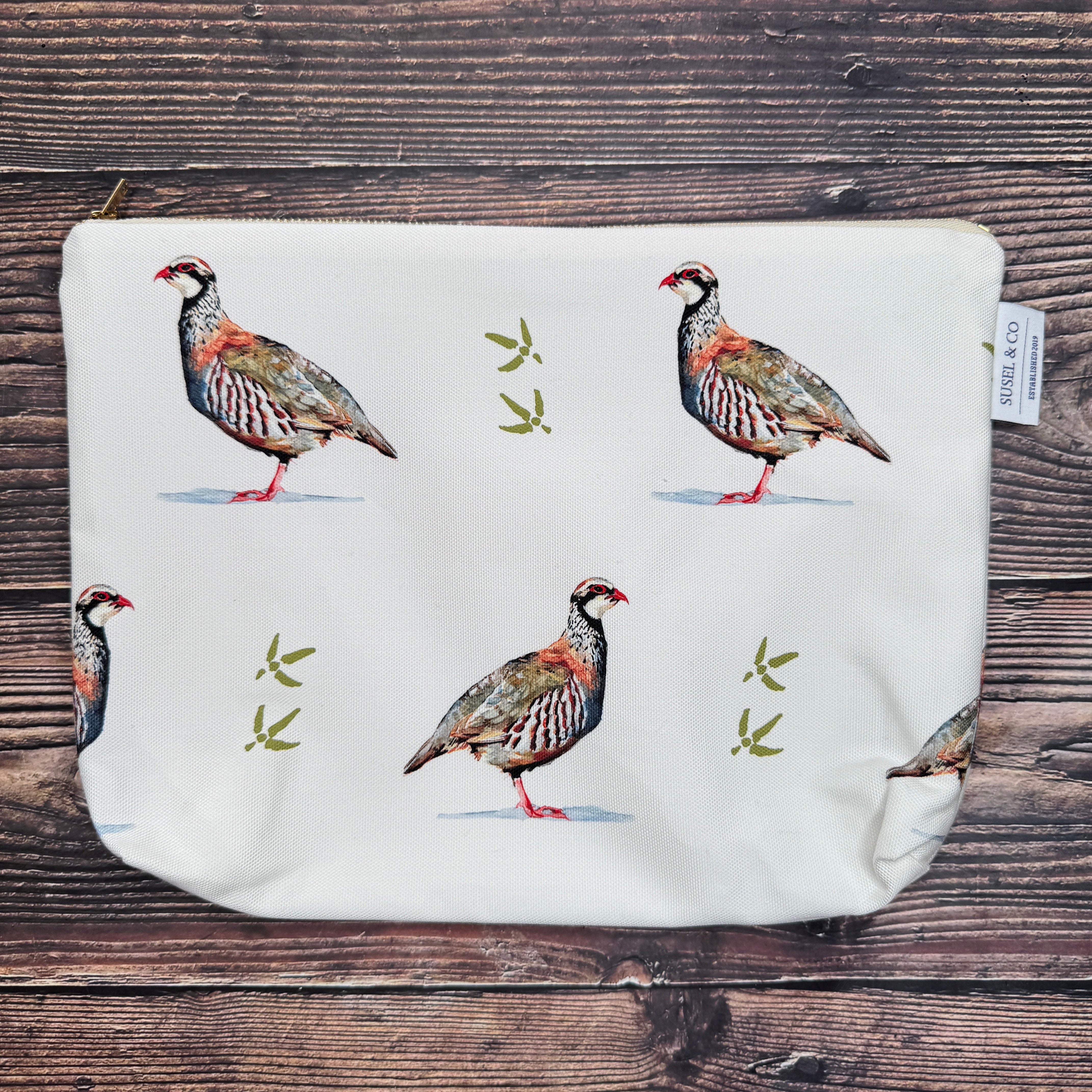 Partridge wash bag – illustrated by Susan Brunskill, handmade in the UK