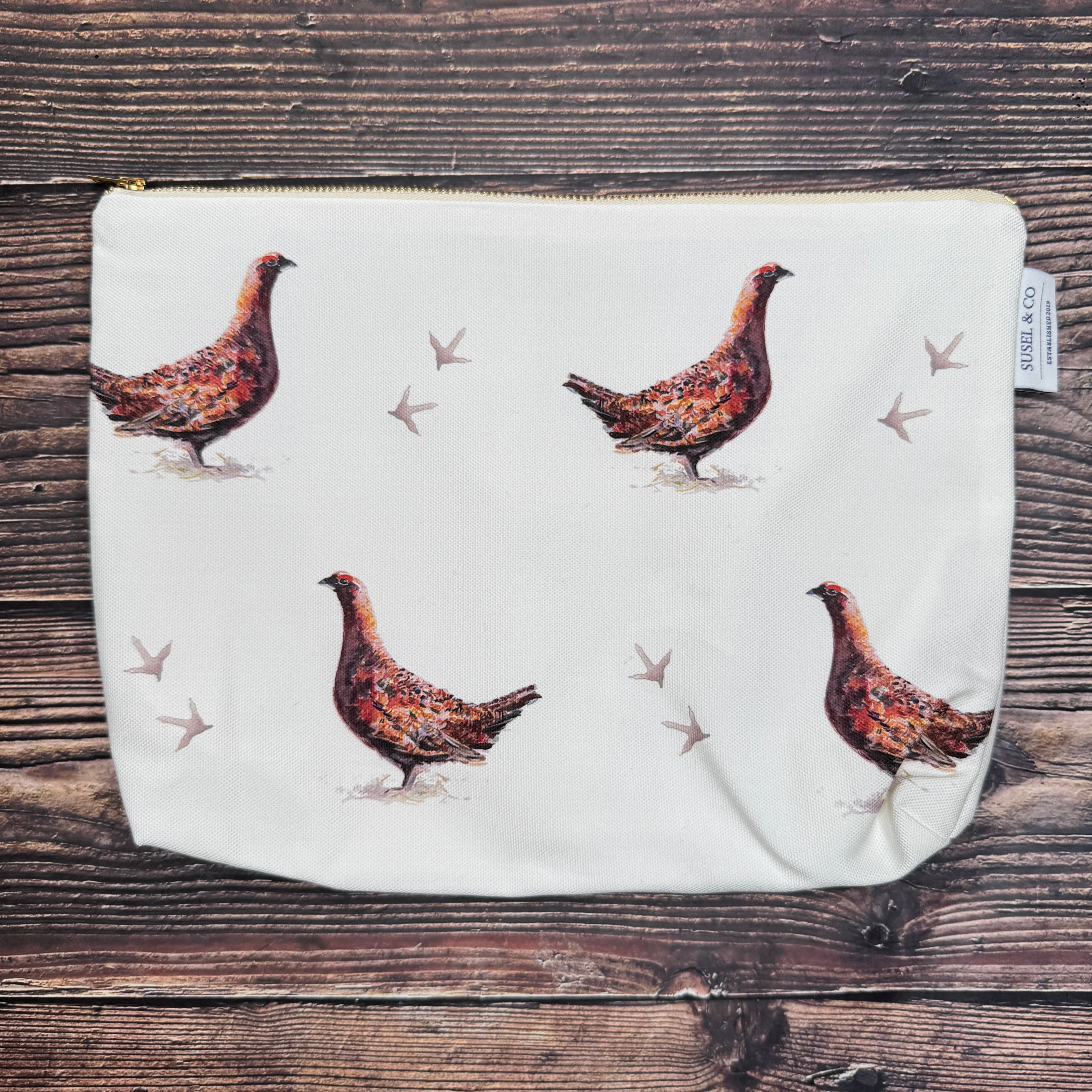 Grouse wash bag – illustrated by Susan Brunskill, handmade in the UK