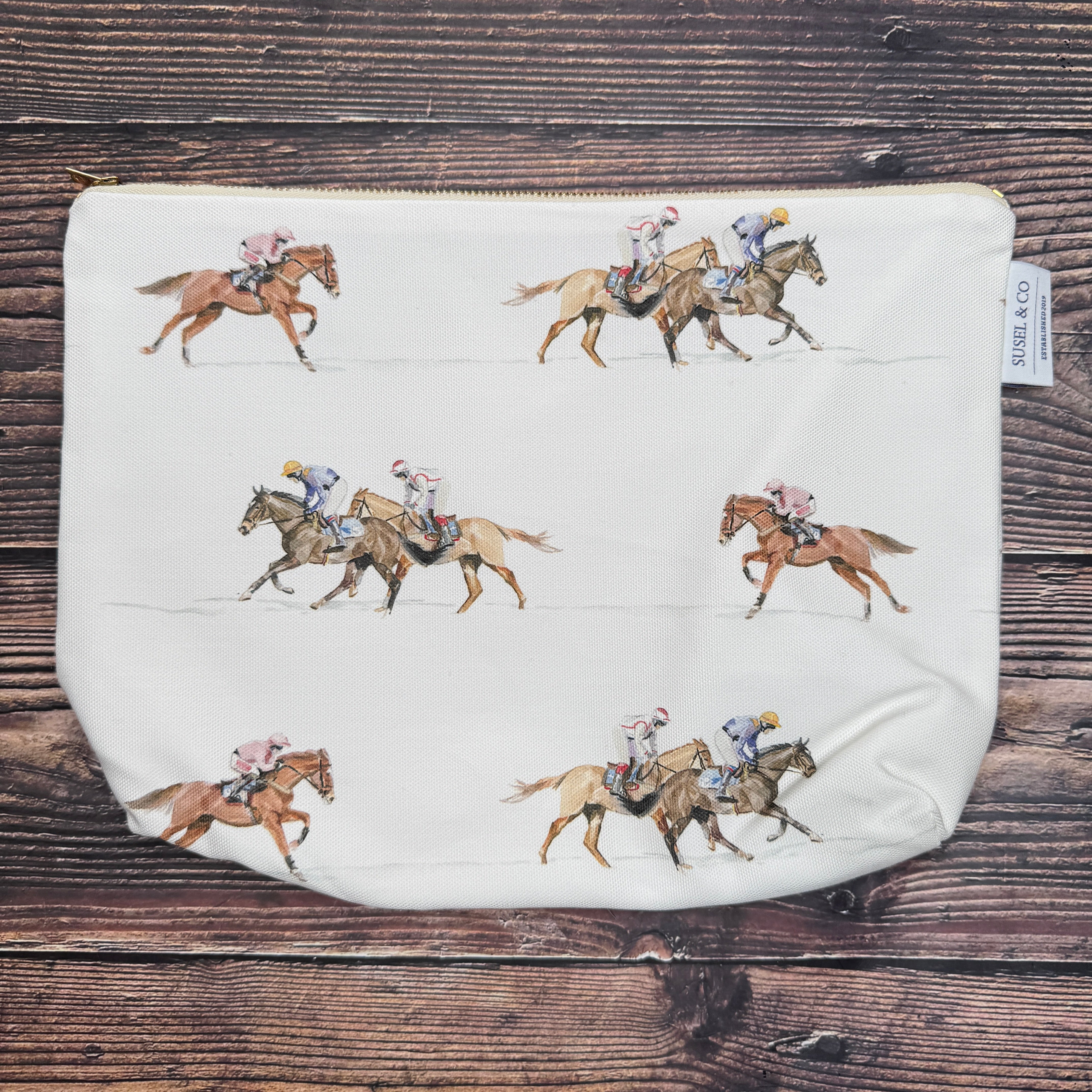 Race Day wash bag – illustrated by Susan Brunskill, handmade in the UK