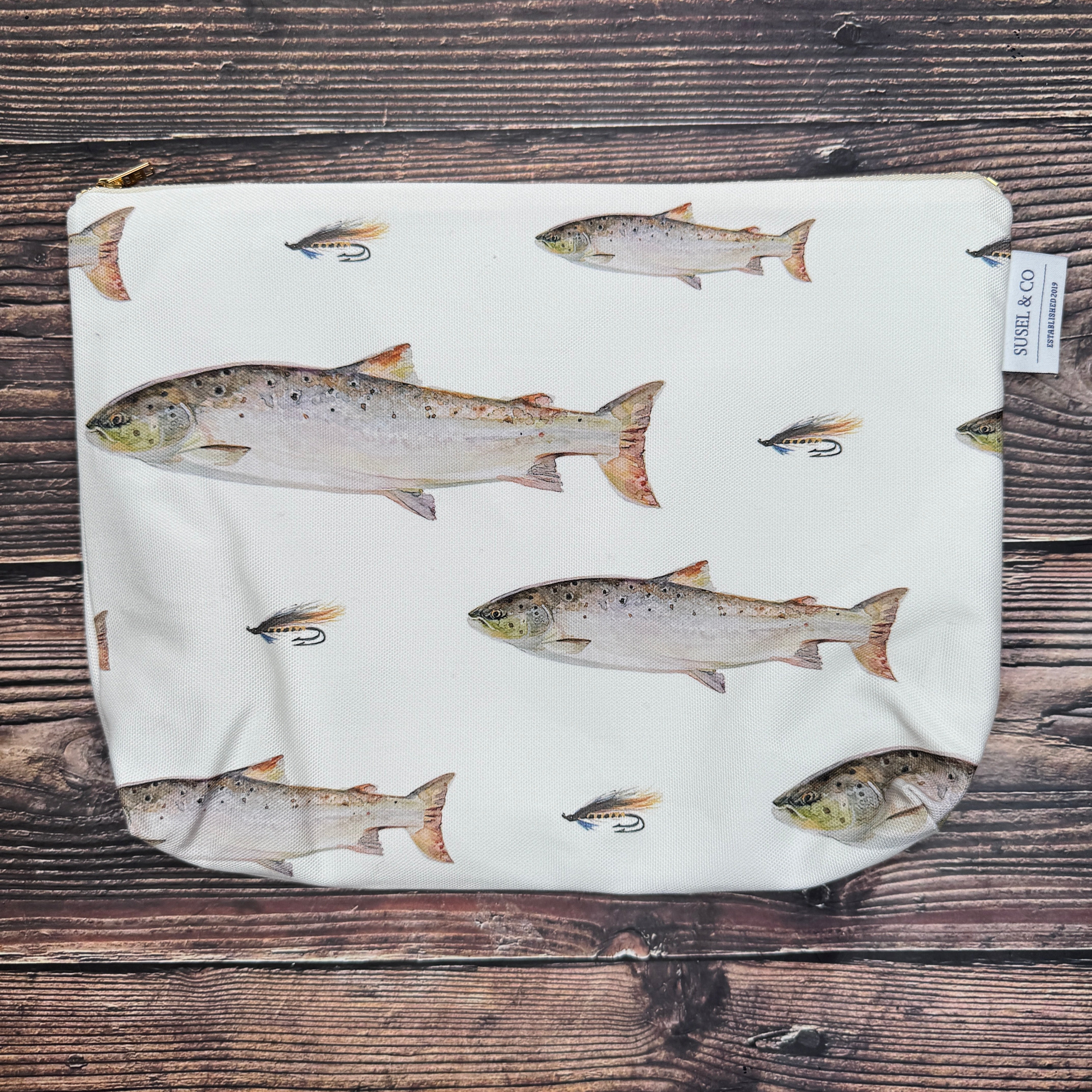 Atlantic Salmon wash bag – illustrated by Susan Brunskill, handmade in the UK