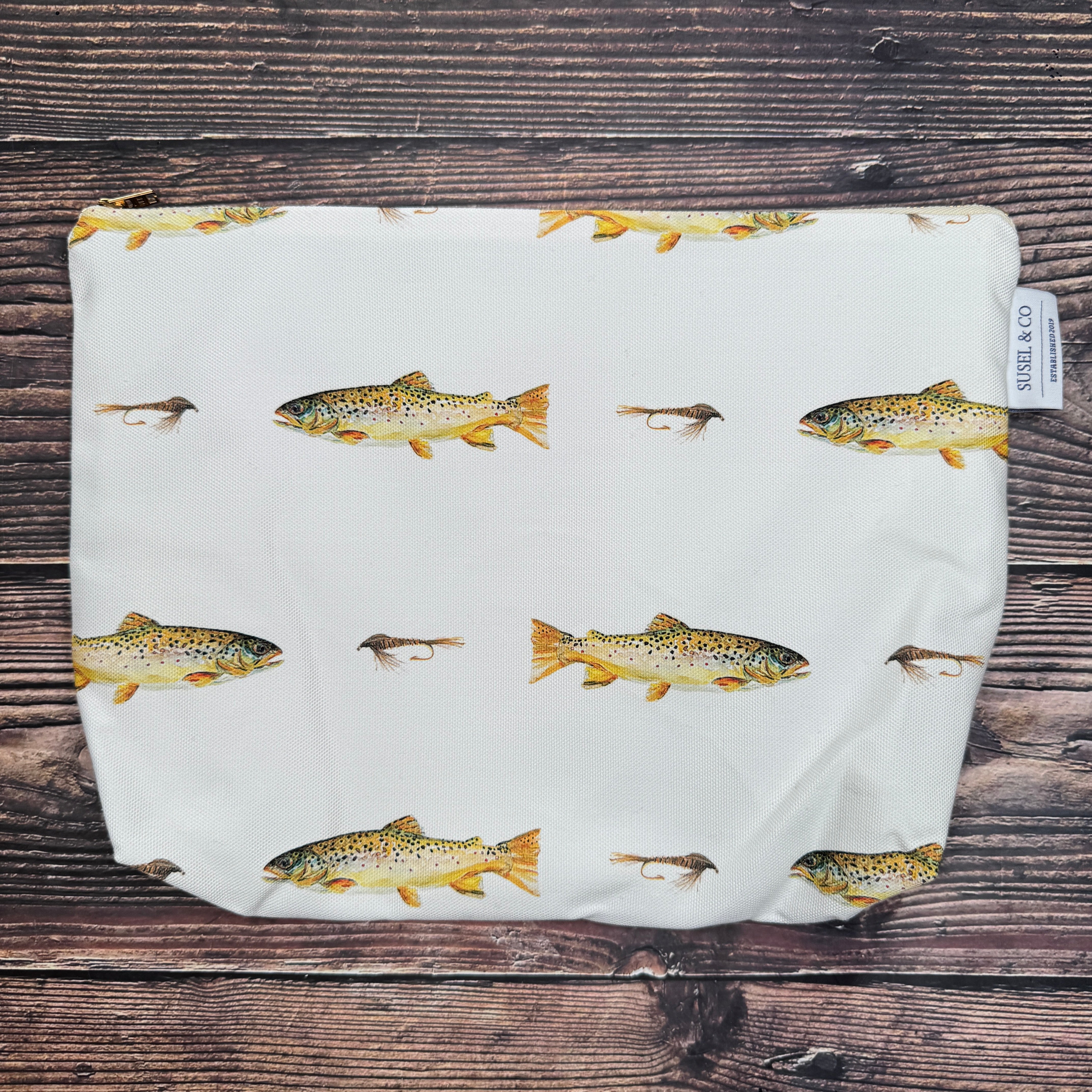 Brown Trout wash bag – illustrated by Susan Brunskill, handmade in the UK