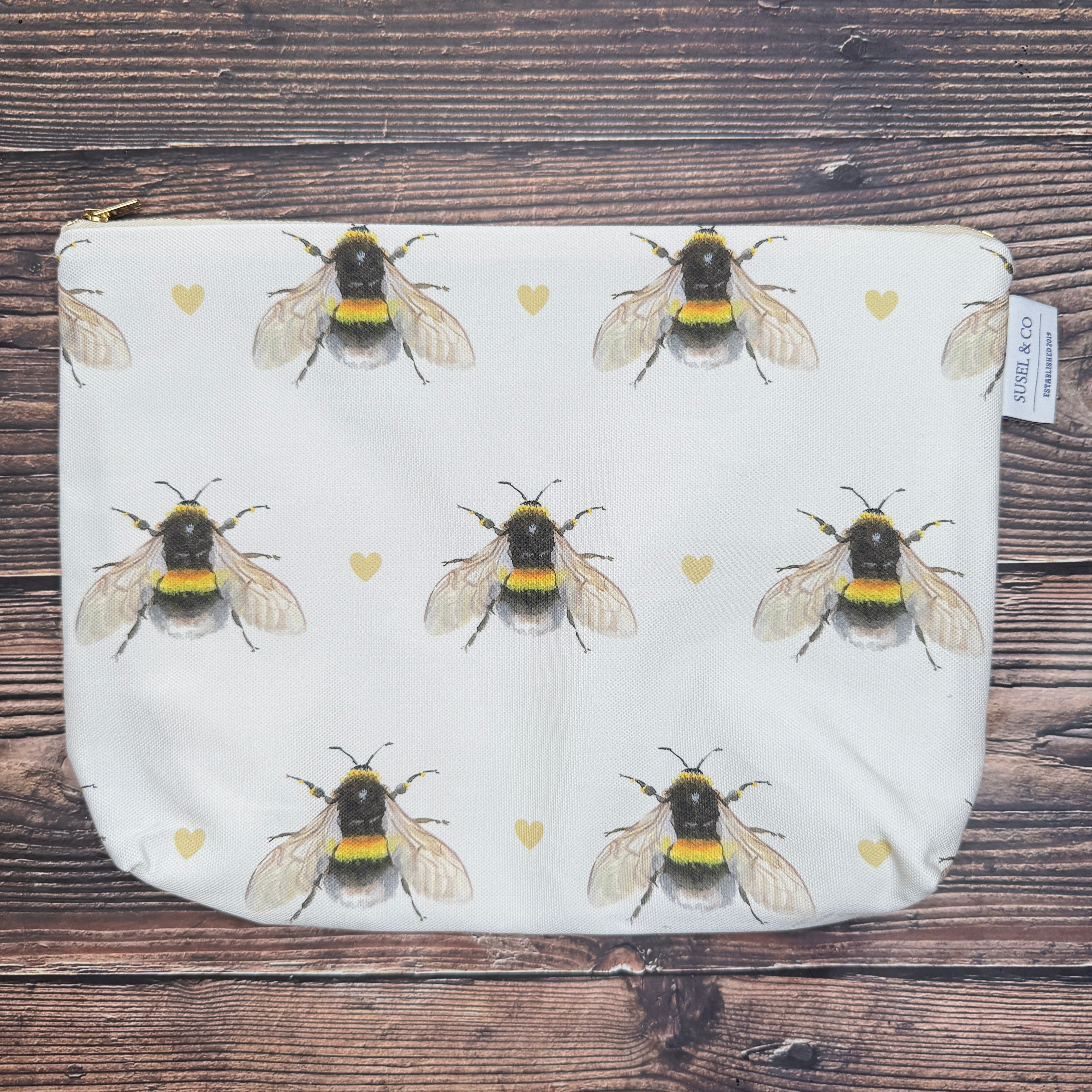 Bumble Bee wash bag – illustrated by Susan Brunskill, handmade in the UK