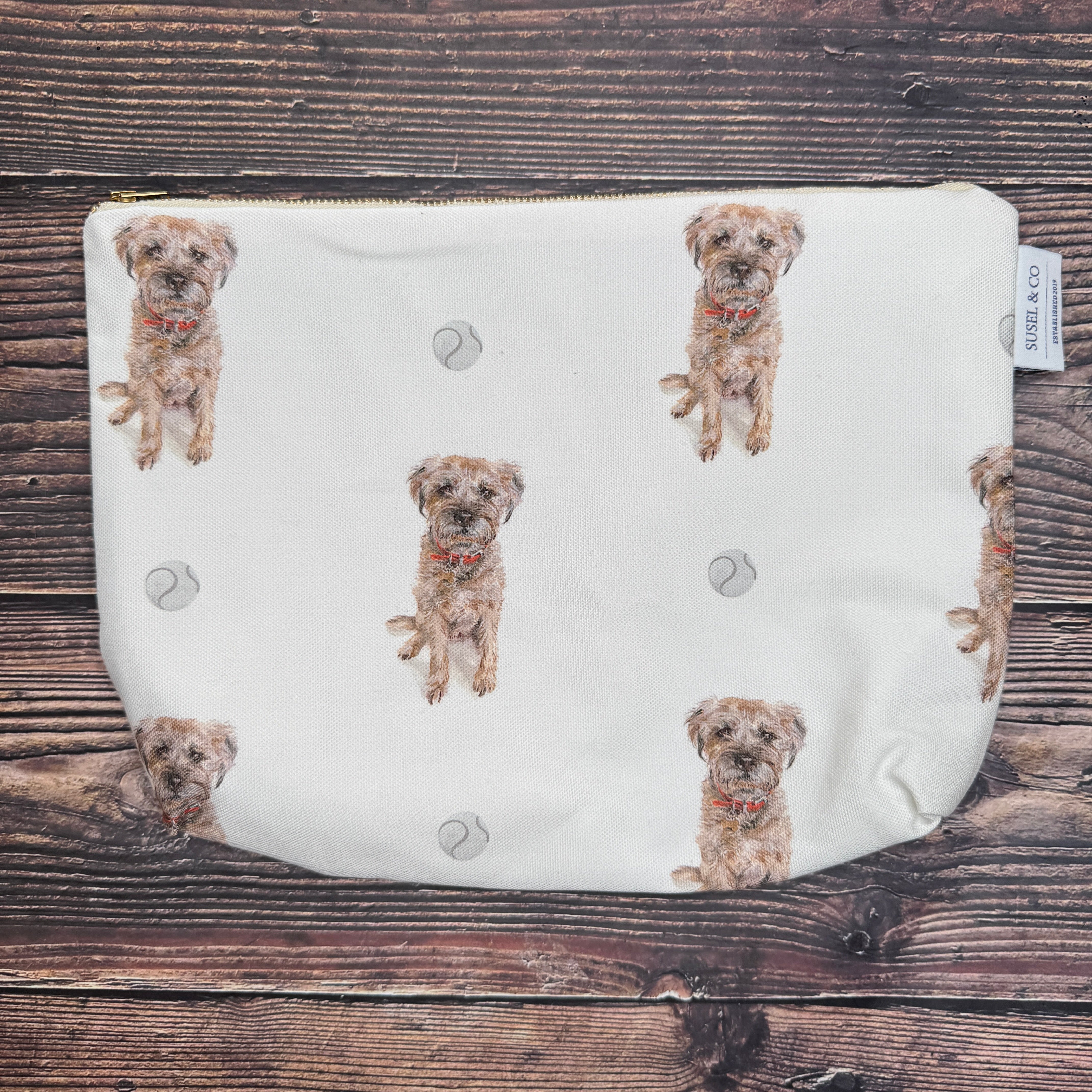 Border Terrier wash bag – illustrated by Susan Brunskill, handmade in the UK