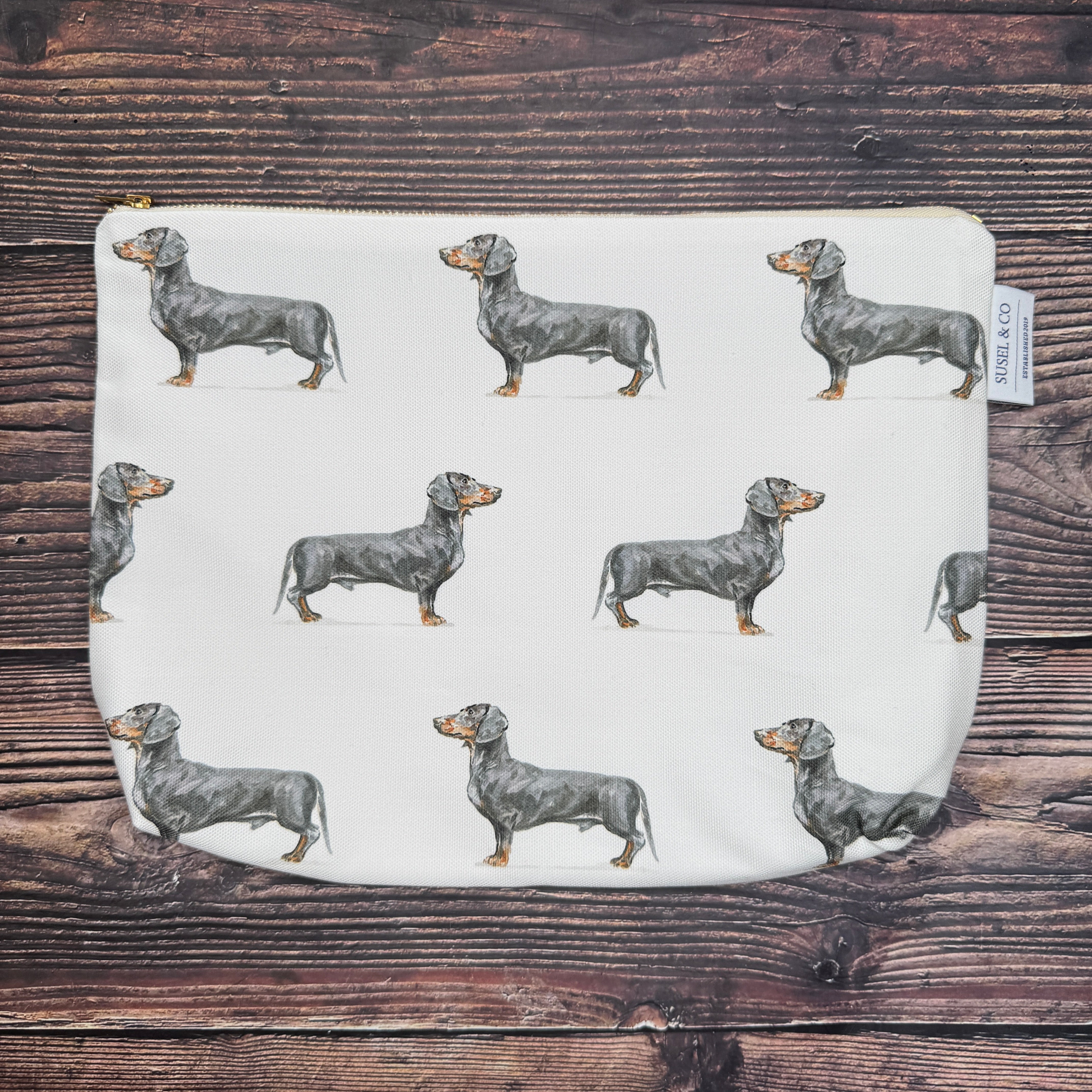 Dachshund wash bag – illustrated by Susan Brunskill, handmade in the UK