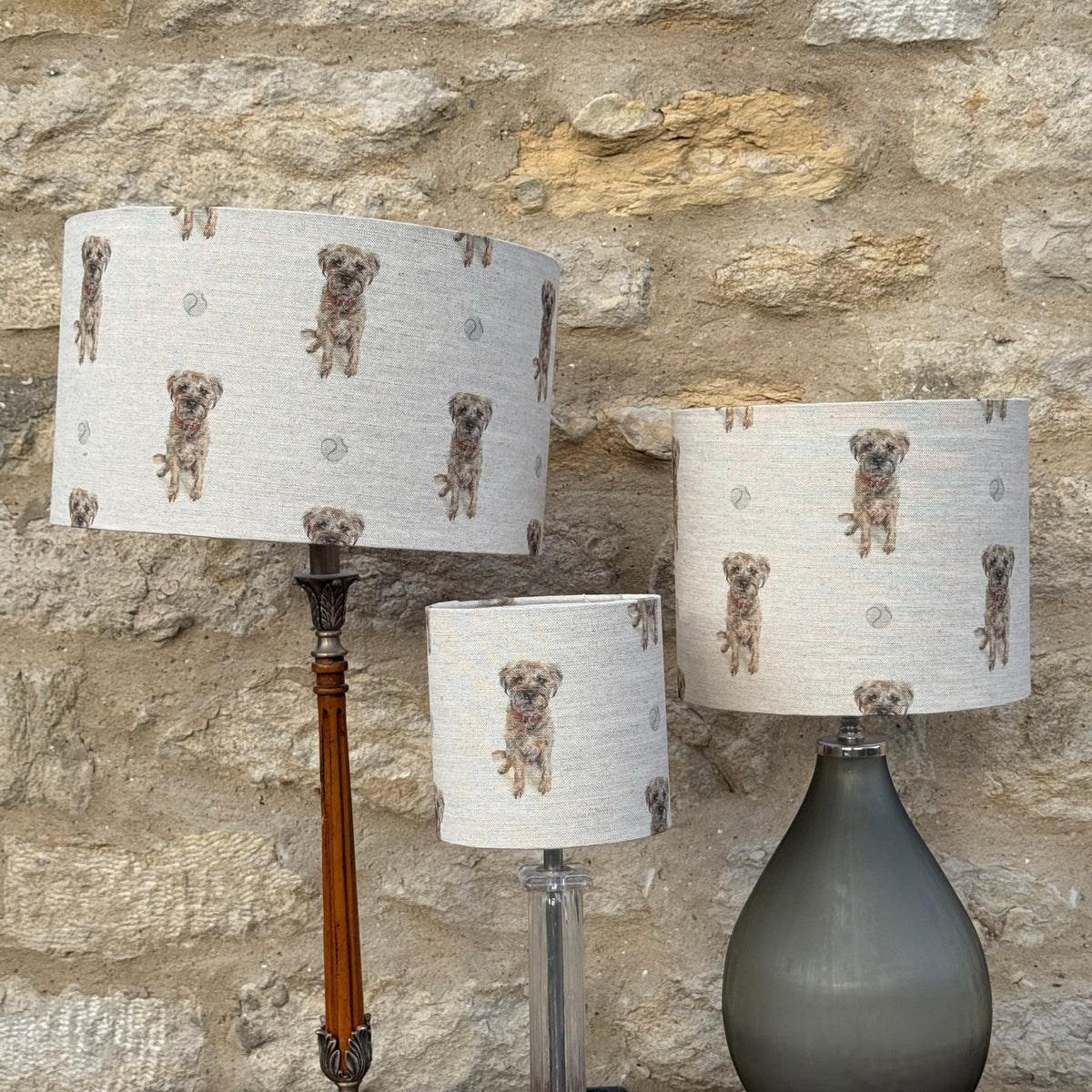 Border Terrier lampshade in all three sizes, designed by Susan Brunskill, handmade in the UK
