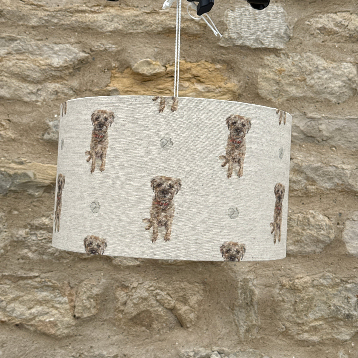 Border Terrier lampshade as a ceiling pendant, designed by Susan Brunskill, handmade in the UK