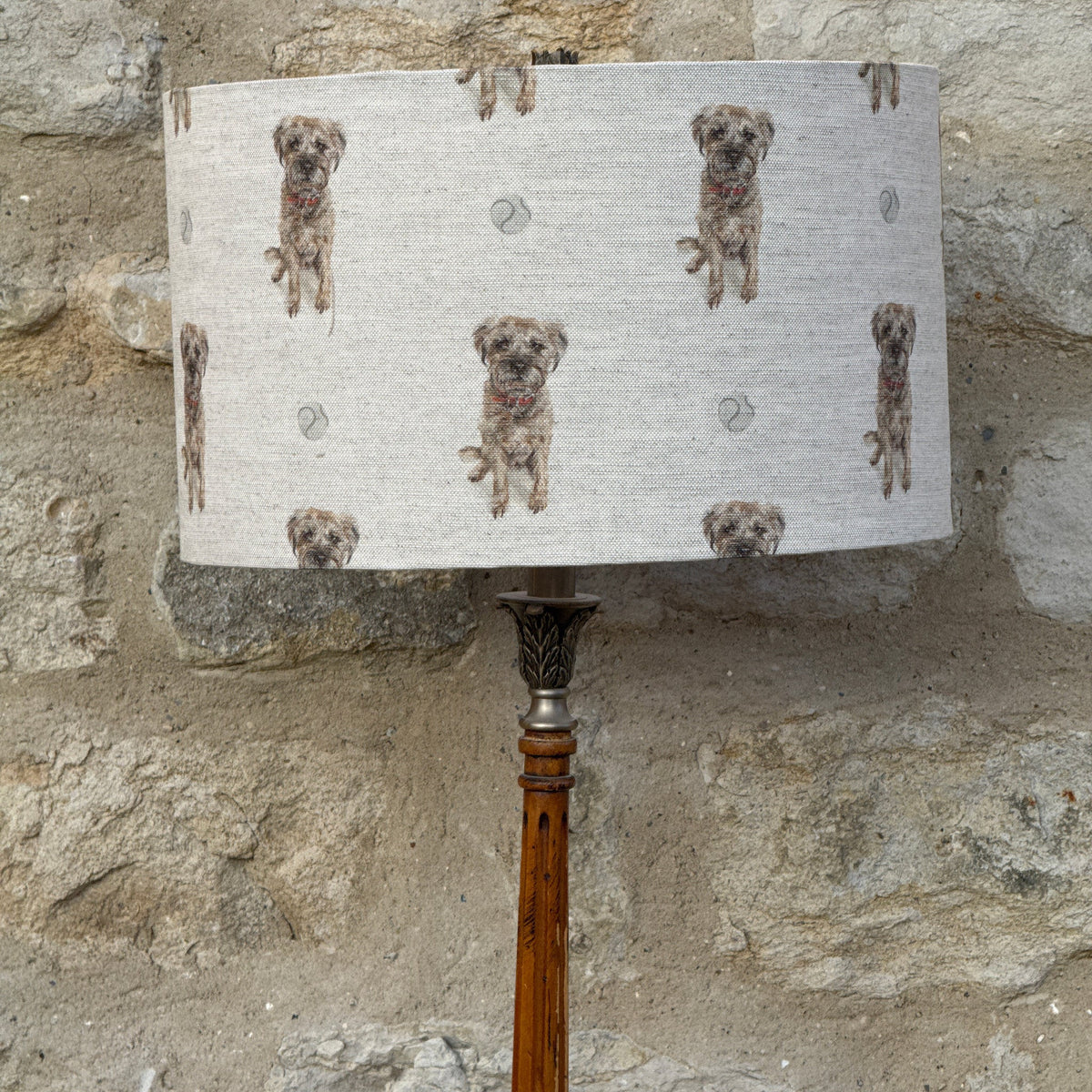 Border Terrier lampshade on a table lamp, designed by Susan Brunskill, handmade in the UK