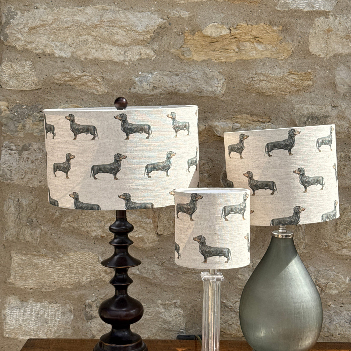 Dachshund lampshade in all three sizes, designed by Susan Brunskill, handmade in the UK