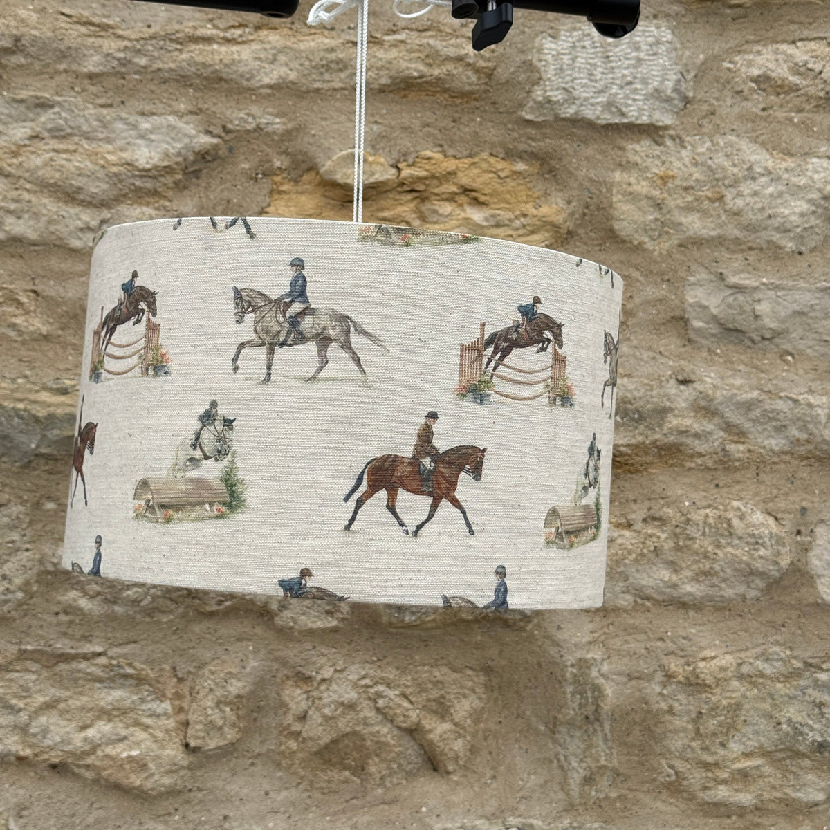 Eventing lampshade as a ceiling pendant, designed by Susan Brunskill, handmade in the UK