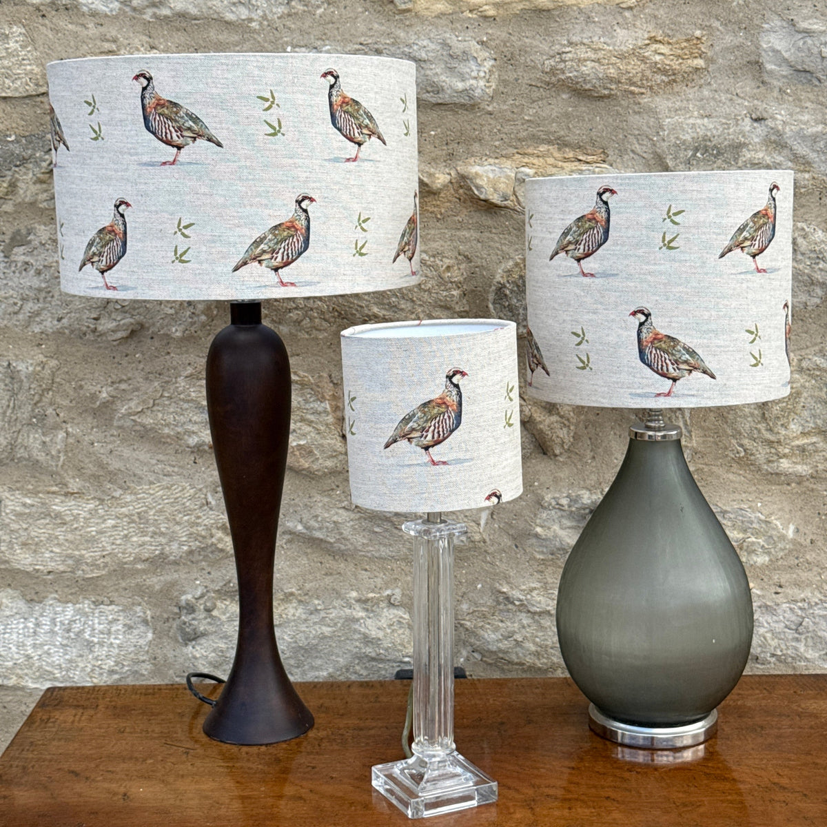 Partridge lampshade in all three sizes, designed by Susan Brunskill, handmade in the UK
