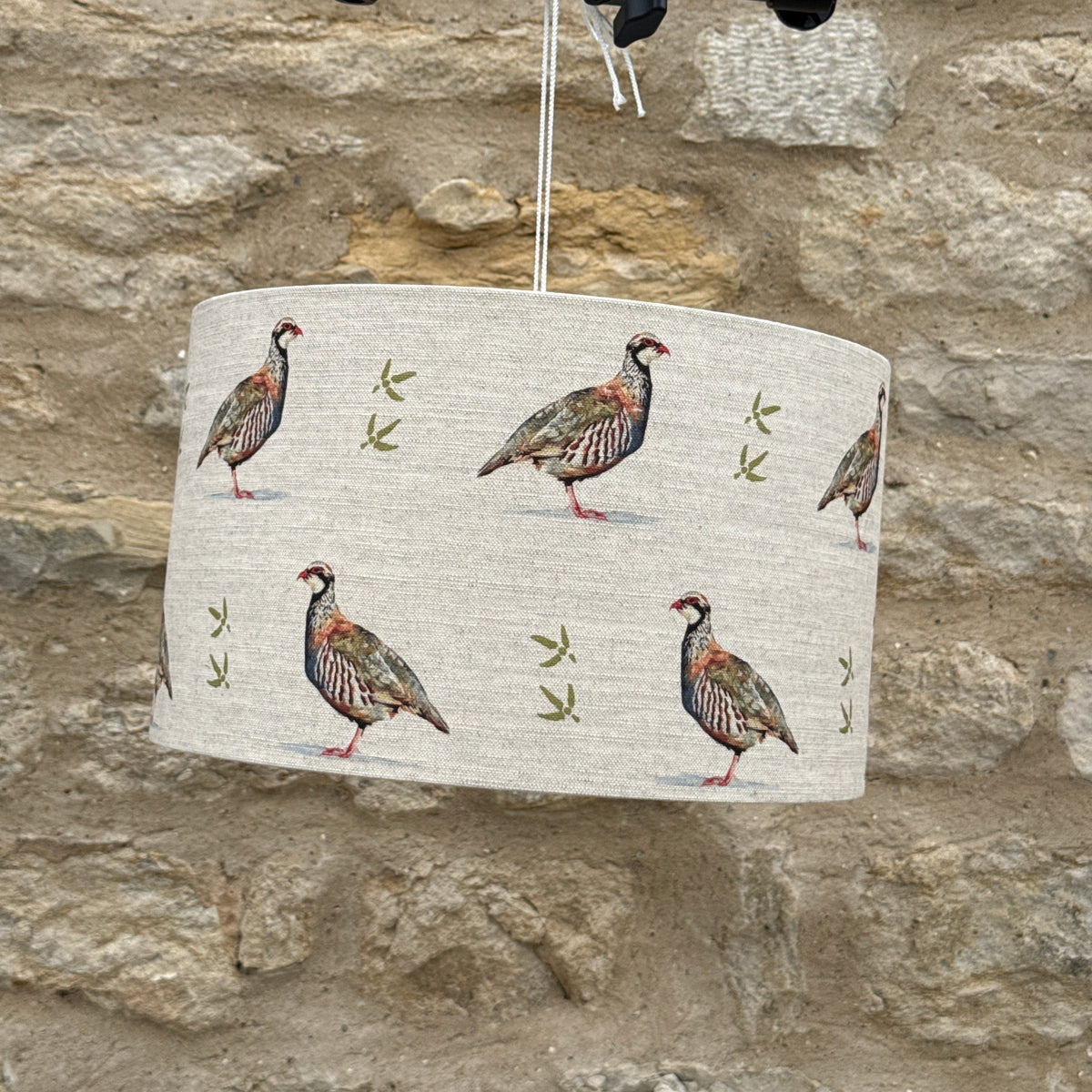 Partridge lampshade as a ceiling pendant, designed by Susan Brunskill, handmade in the UK